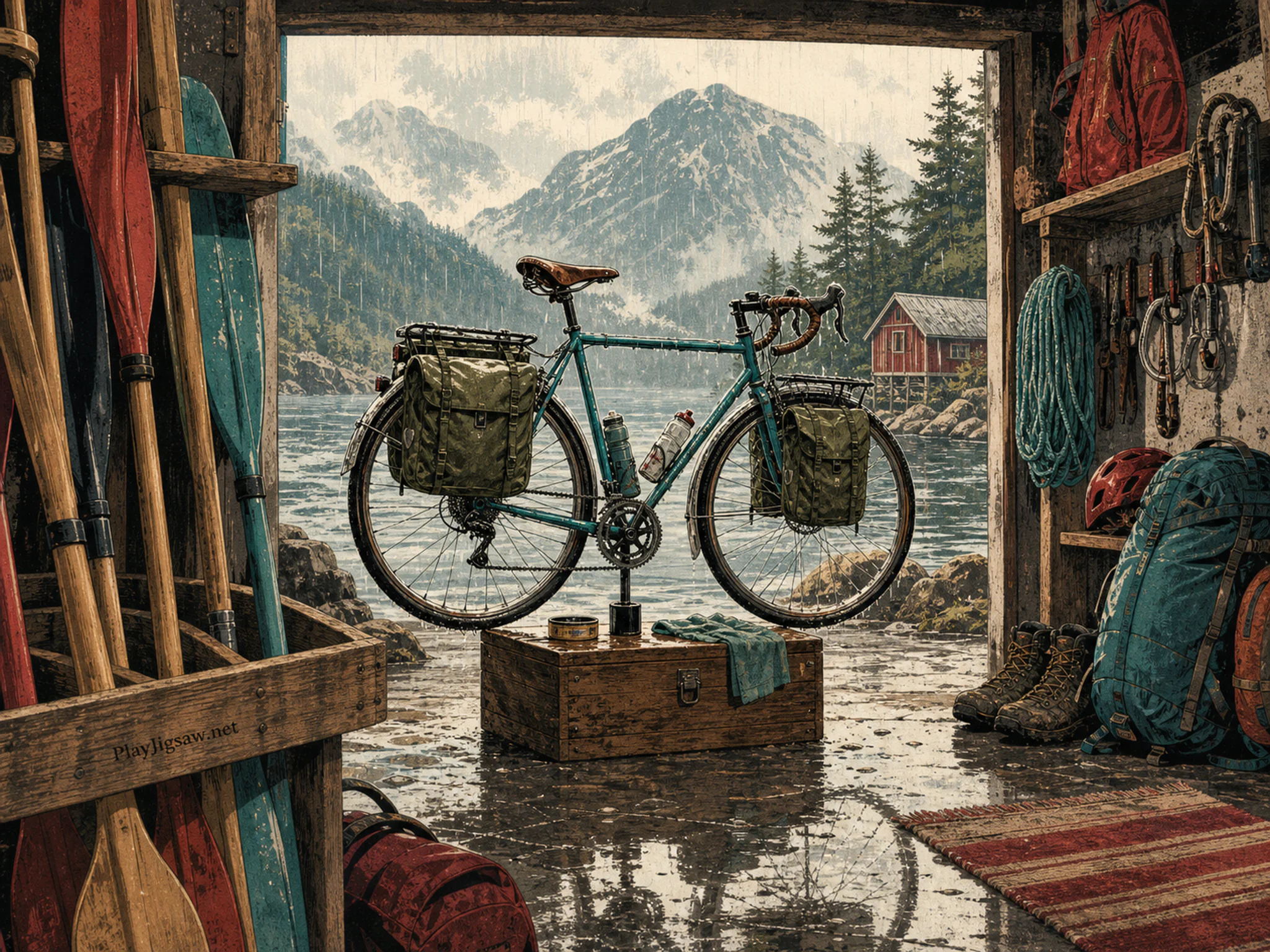Touring Bicycle drying above wooden wax box in a textured climbing gear room, with layered scenery and gentle rain with crisp reflections.