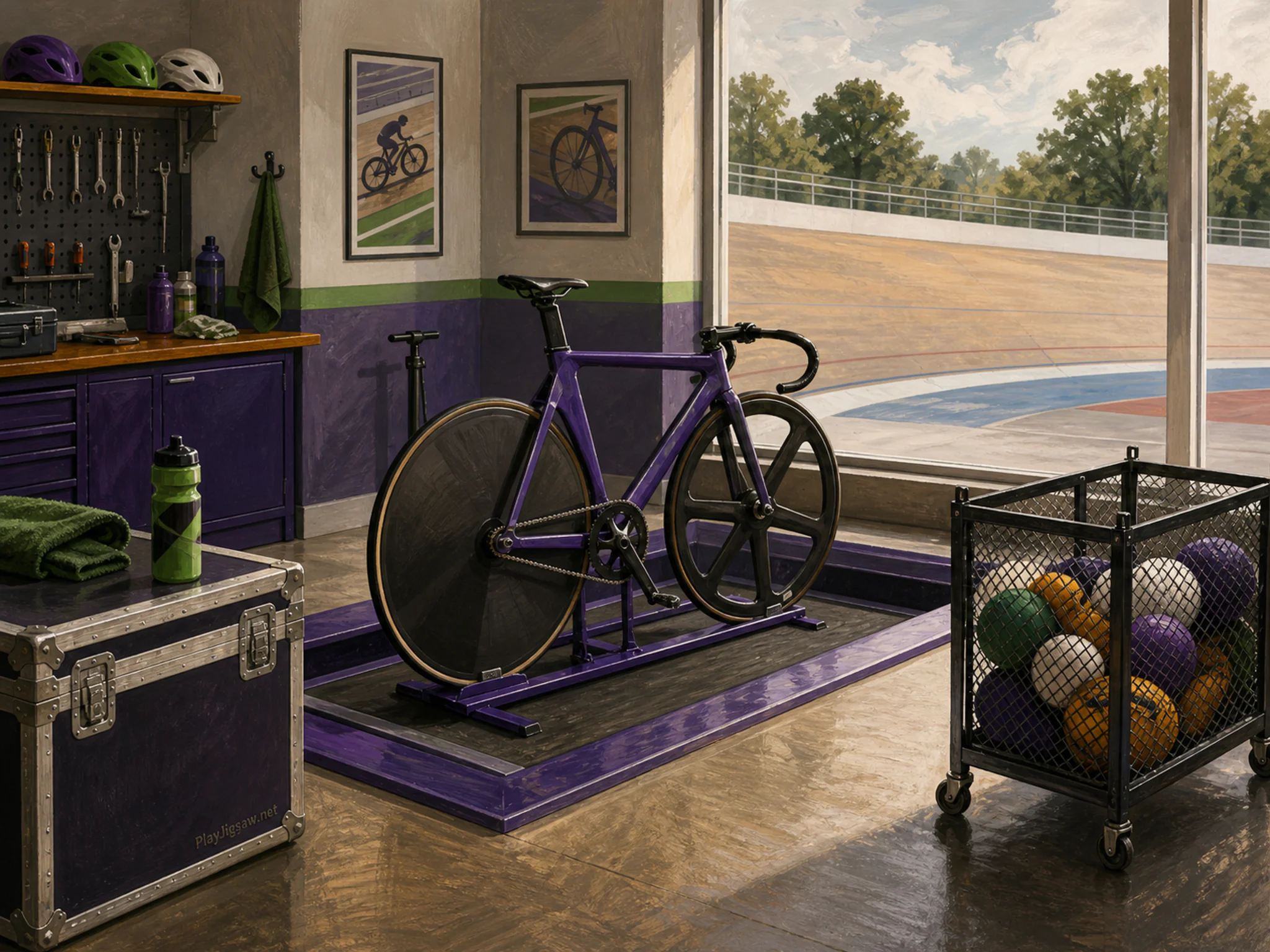 Velodrome Pit aligned beside mesh ball cart in a practical team training room, with layered scenery and soft overcast afternoon.