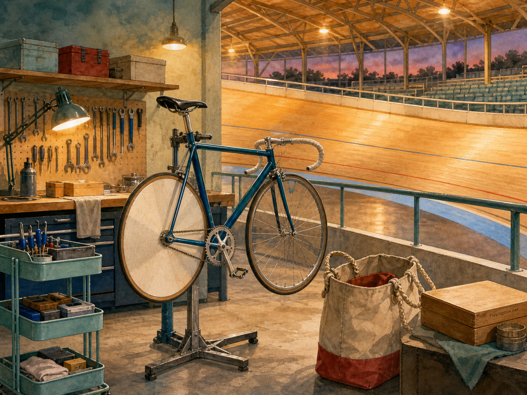 Velodrome Pit being adjusted on canvas rope bag in a clean cycling repair pit, with layered scenery and golden lamplight at dusk.