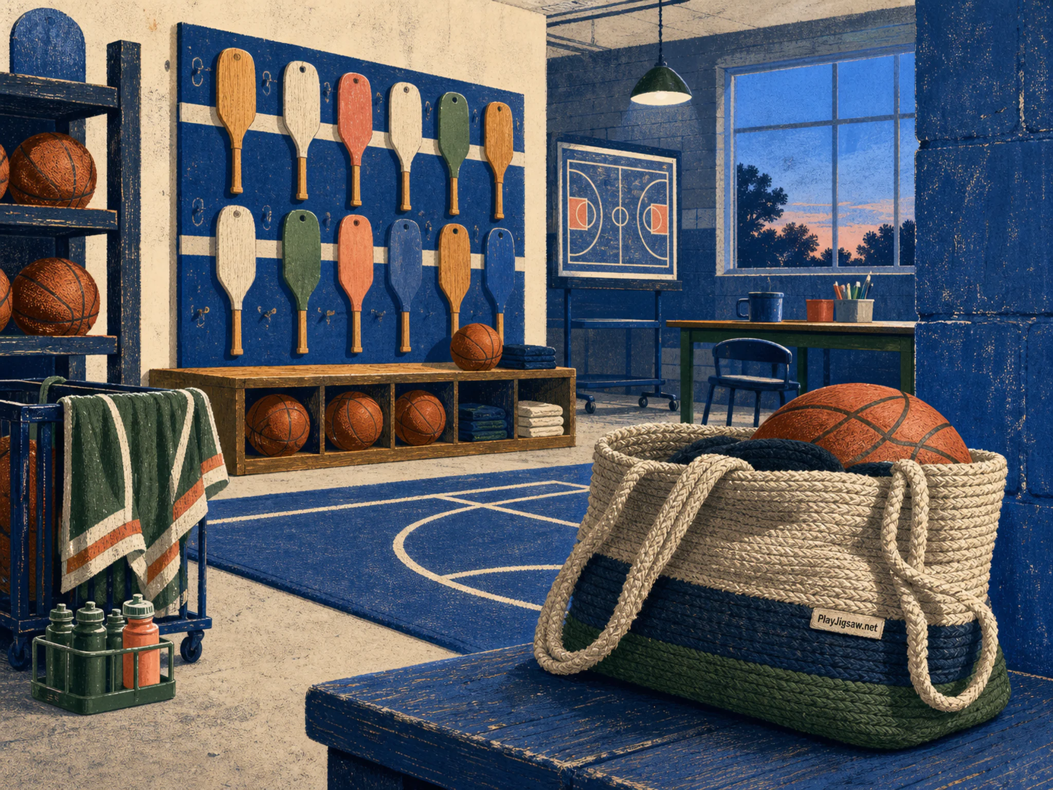 Basketball Equipment Room organized around painted paddle rack in a practical team training room, with layered scenery and cool blue-hour light.