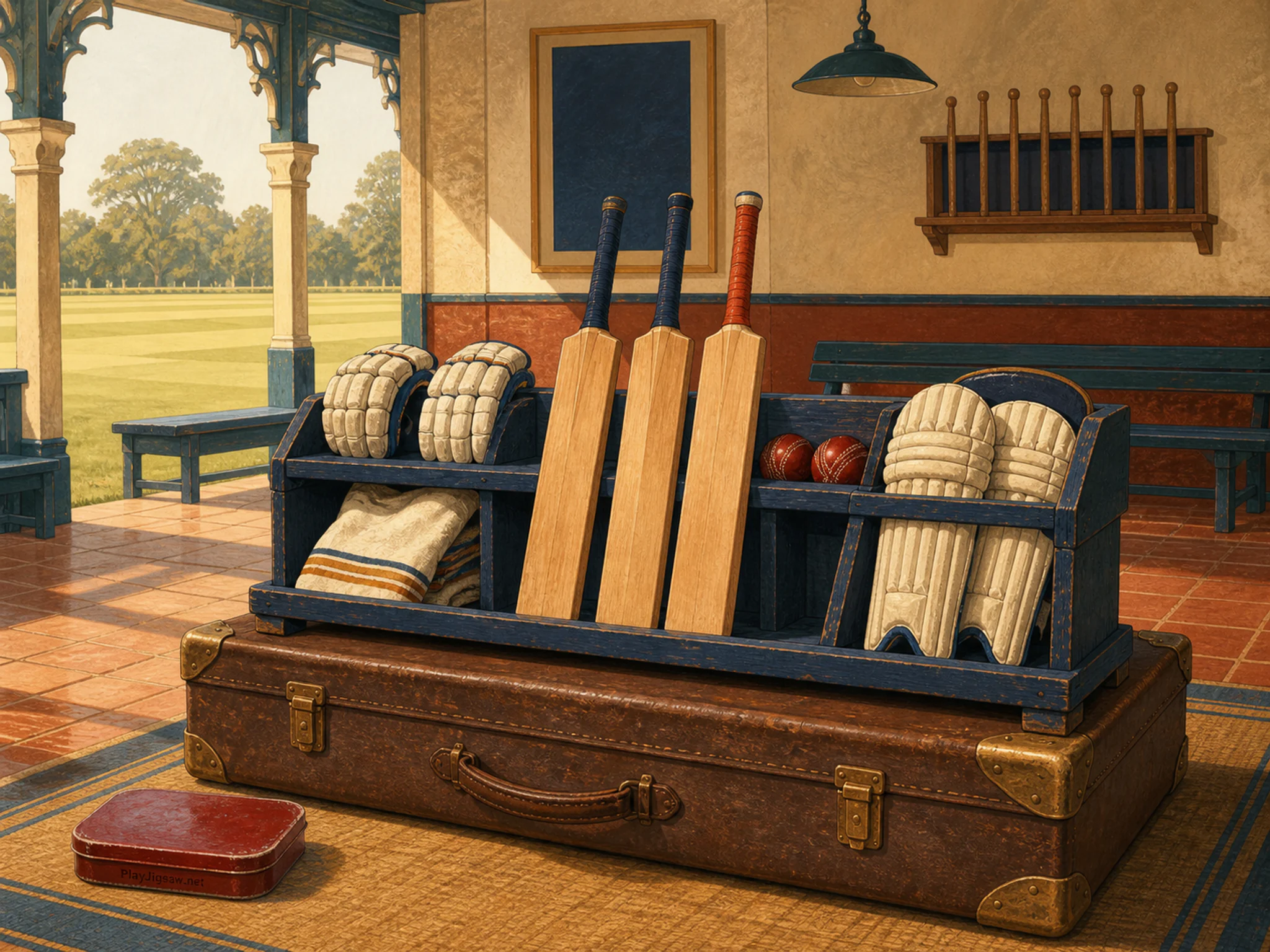 Cricket Kit Bench being adjusted on leather target case in a warm traditional games hall, with layered scenery and clear early morning light.