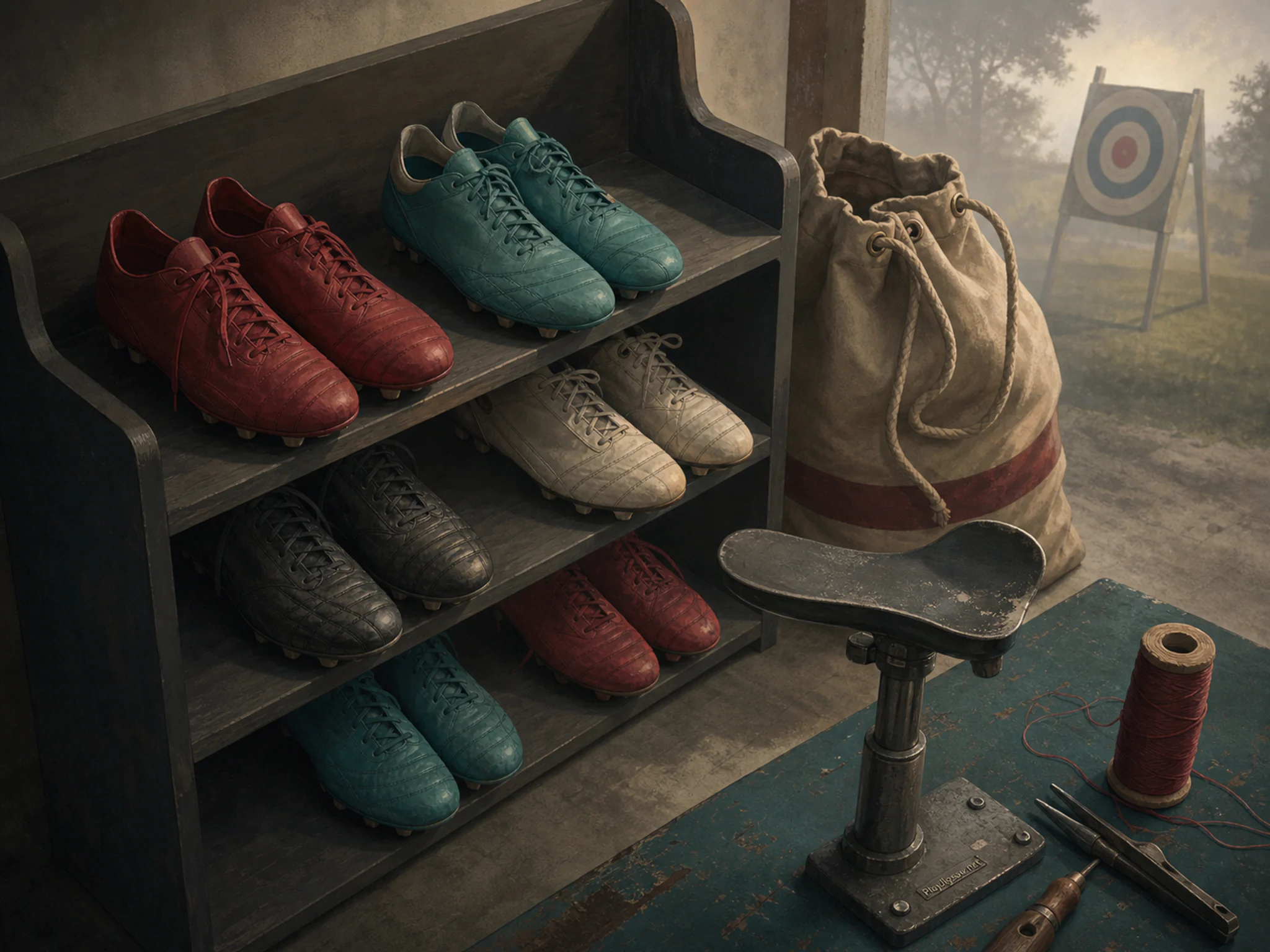 Soccer Boot Shelf stored beside canvas rope bag in a precise target-sports salle, with layered scenery and calm misty dawn.