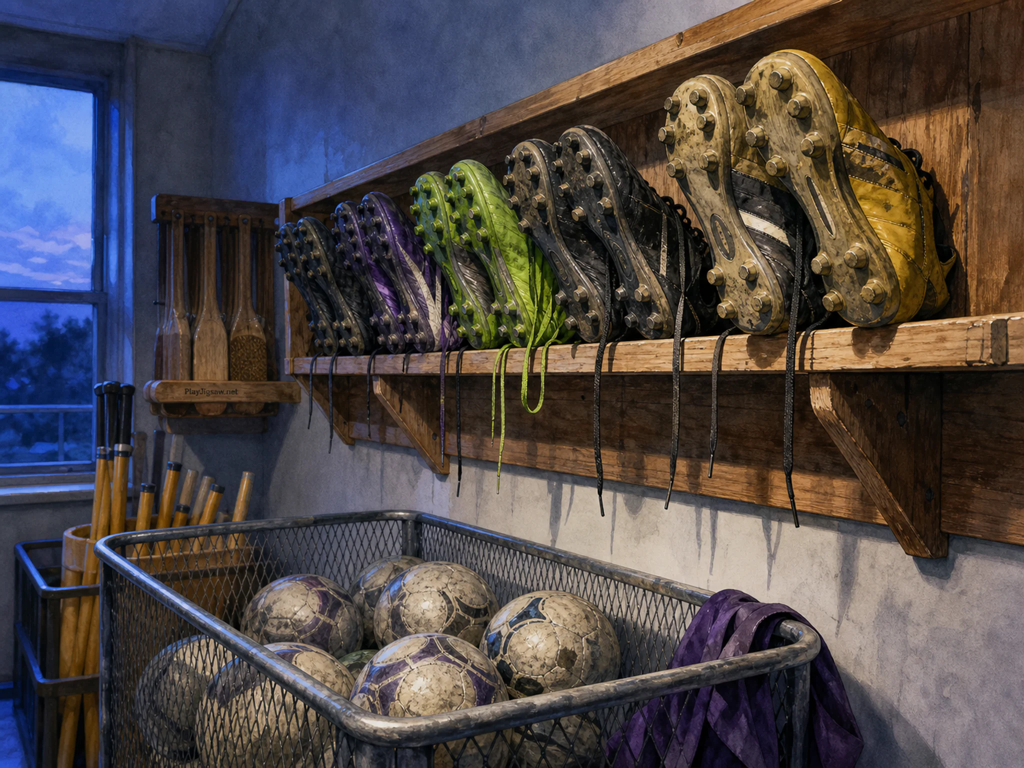 Soccer Boot Shelf drying above mesh ball cart in a quiet club equipment corner, with layered scenery and cool blue-hour light.