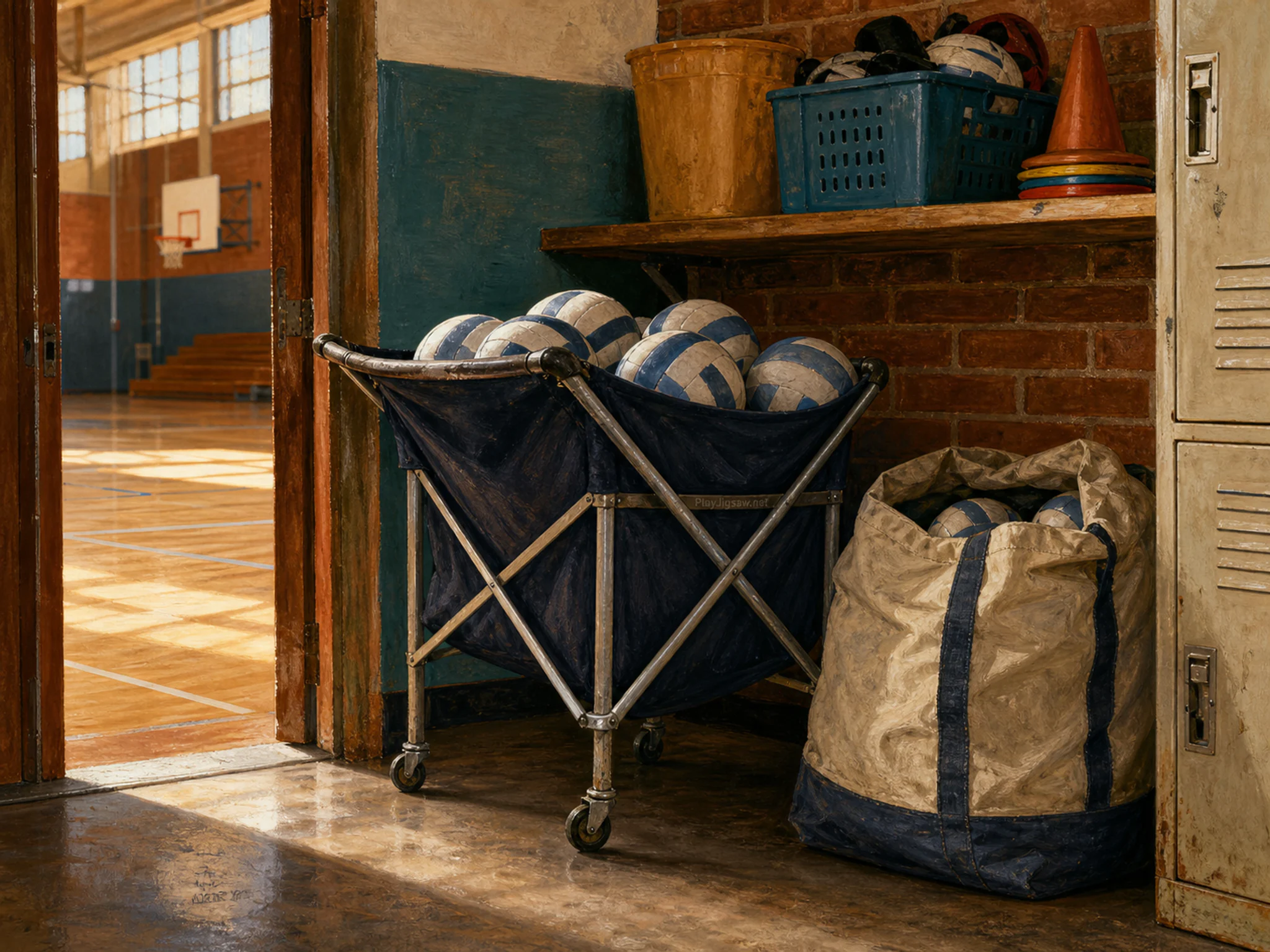 volleyball cart stored naturally beside a canvas ball bag in a school gym equipment corner with a volleyball cart, with familiar objects and clear early-morning light.