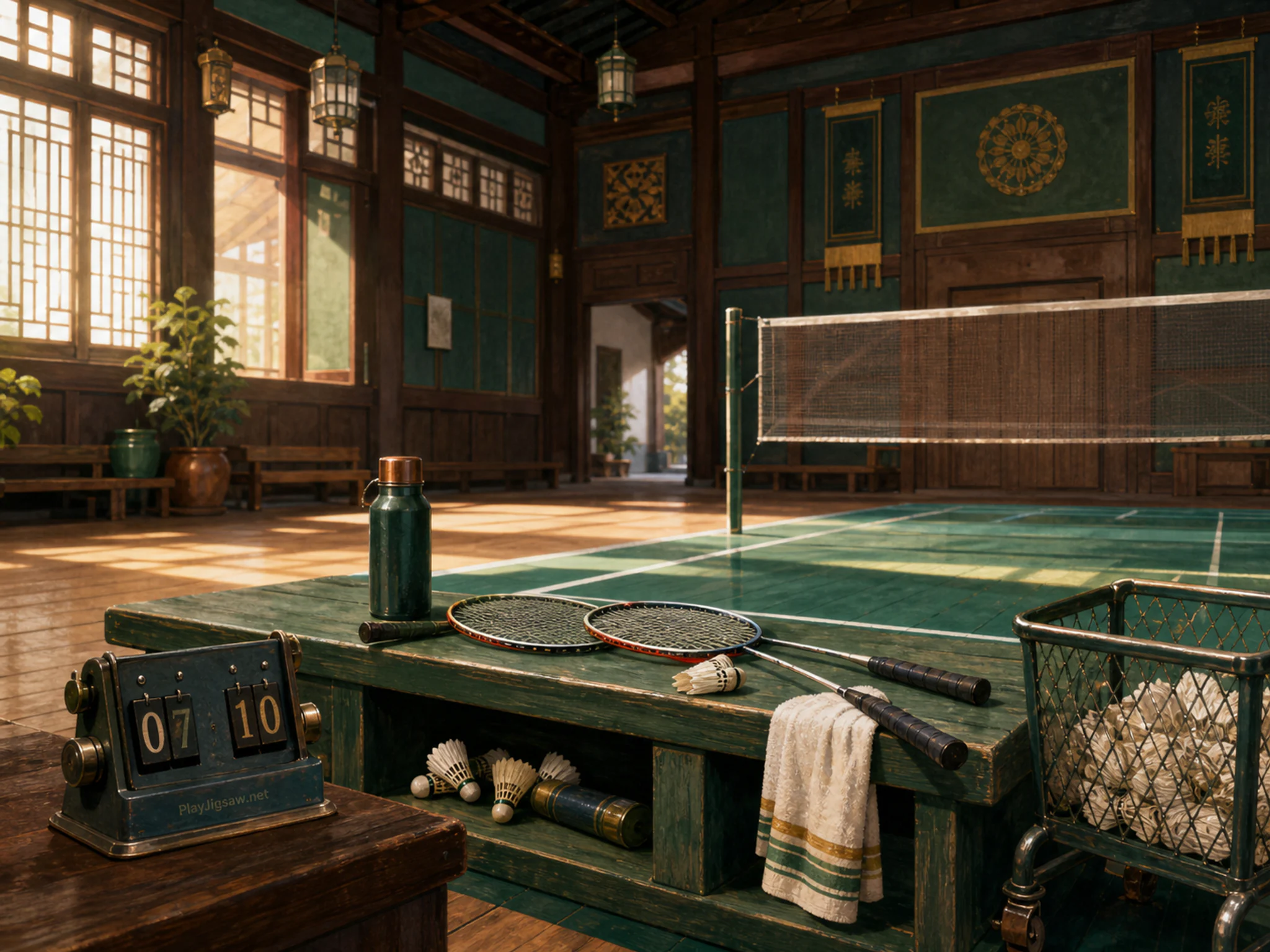 Badminton Gear Bench checked near mesh ball cart in a warm traditional games hall, with layered scenery and clear early morning light.