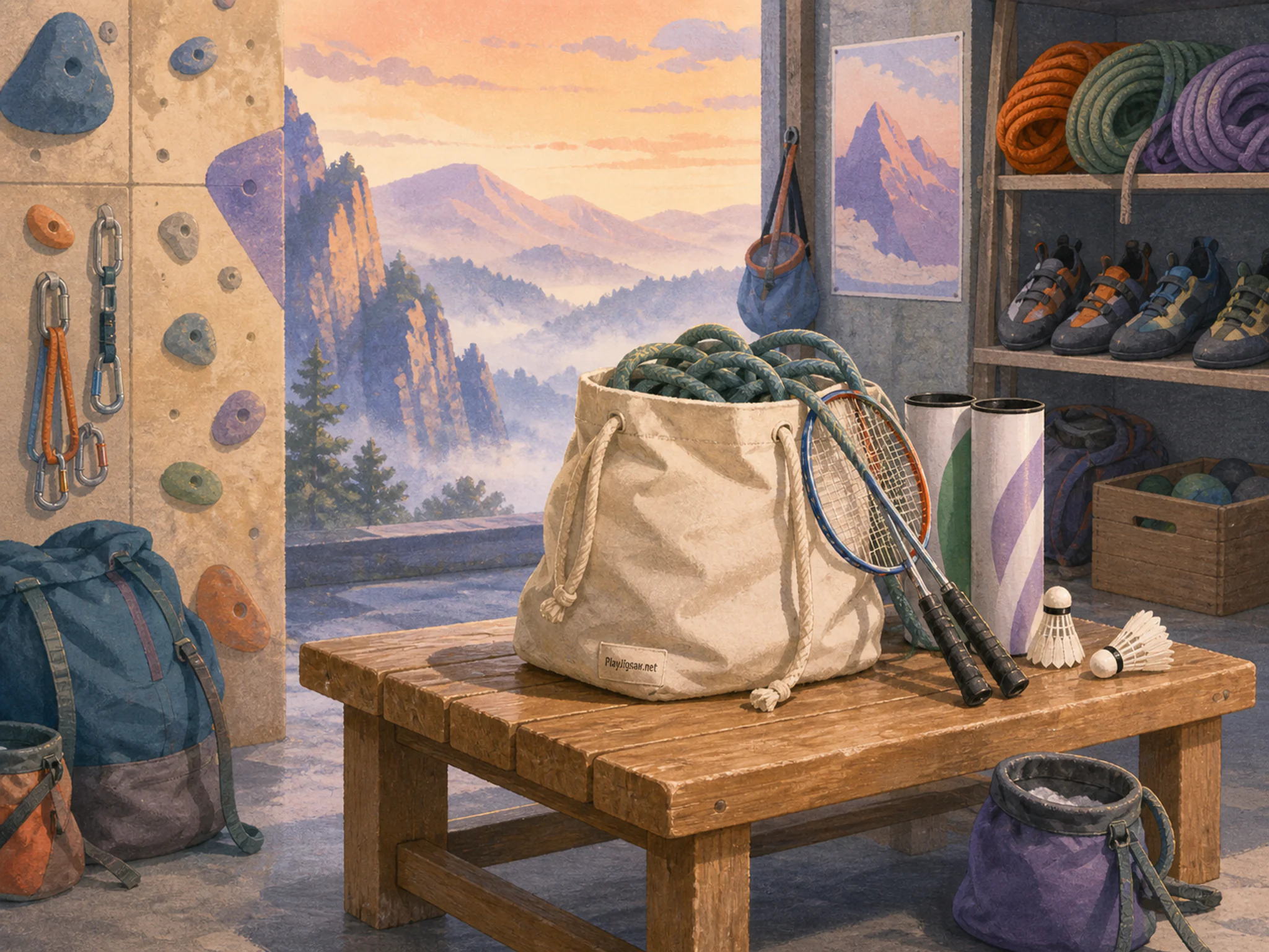 Badminton Gear Bench organized around canvas rope bag in a textured climbing gear room, with layered scenery and calm misty dawn.