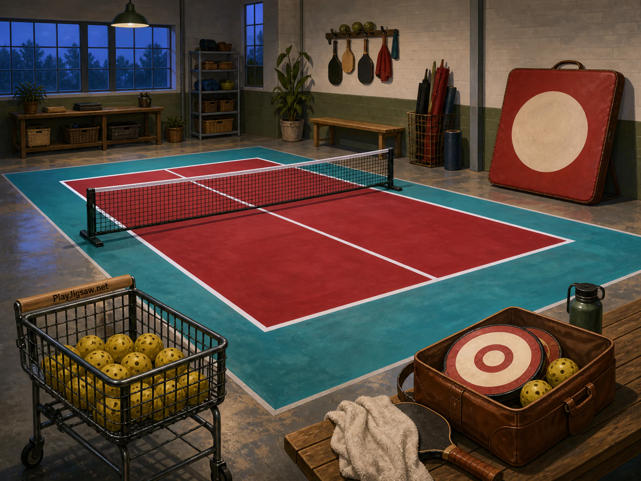 Pickleball Court waiting near leather target case in a practical team training room, with layered scenery and cool blue-hour light.