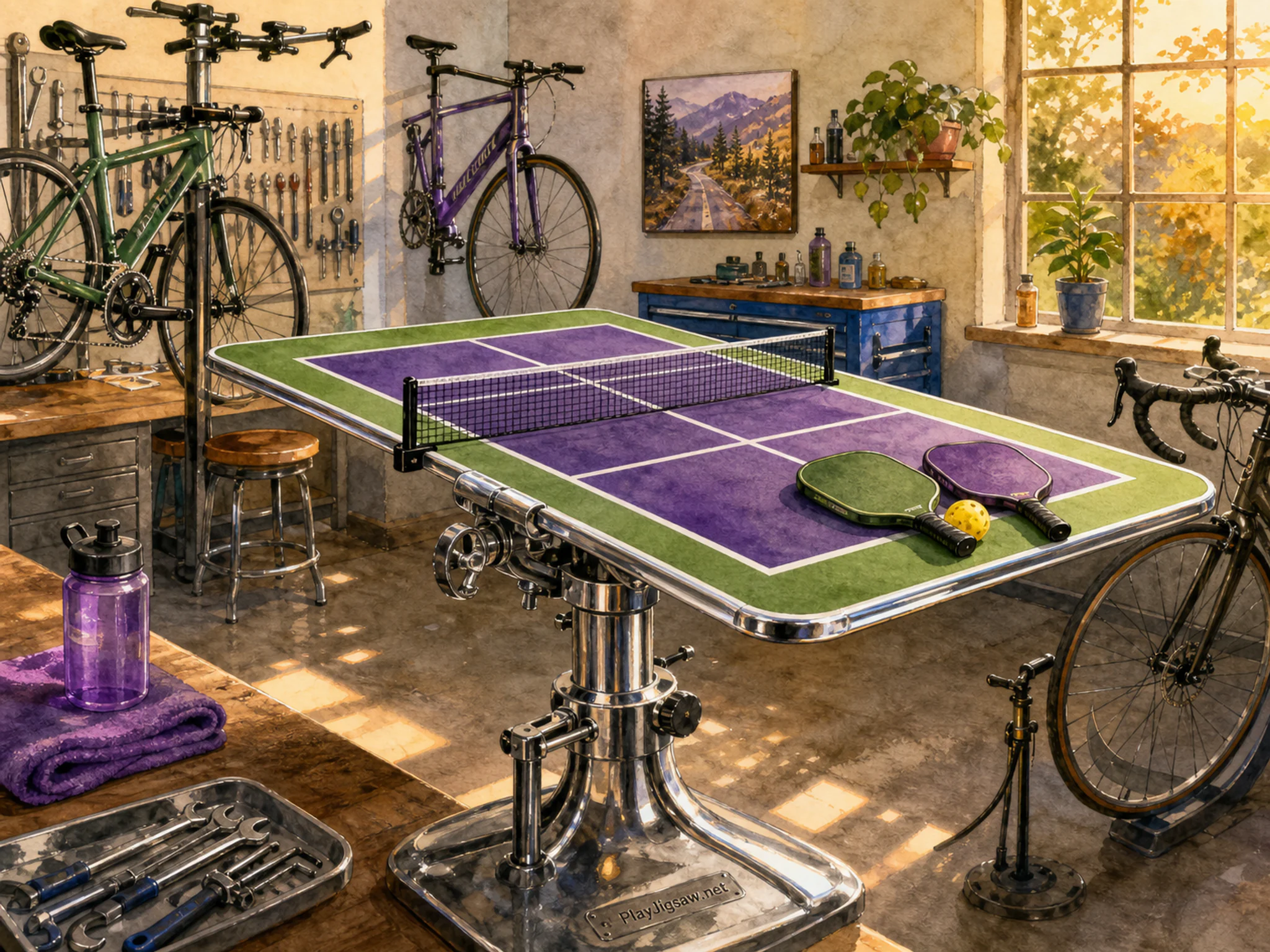 Pickleball Court prepared across chrome repair stand in a clean cycling repair pit, with layered scenery and warm late-day sunlight.