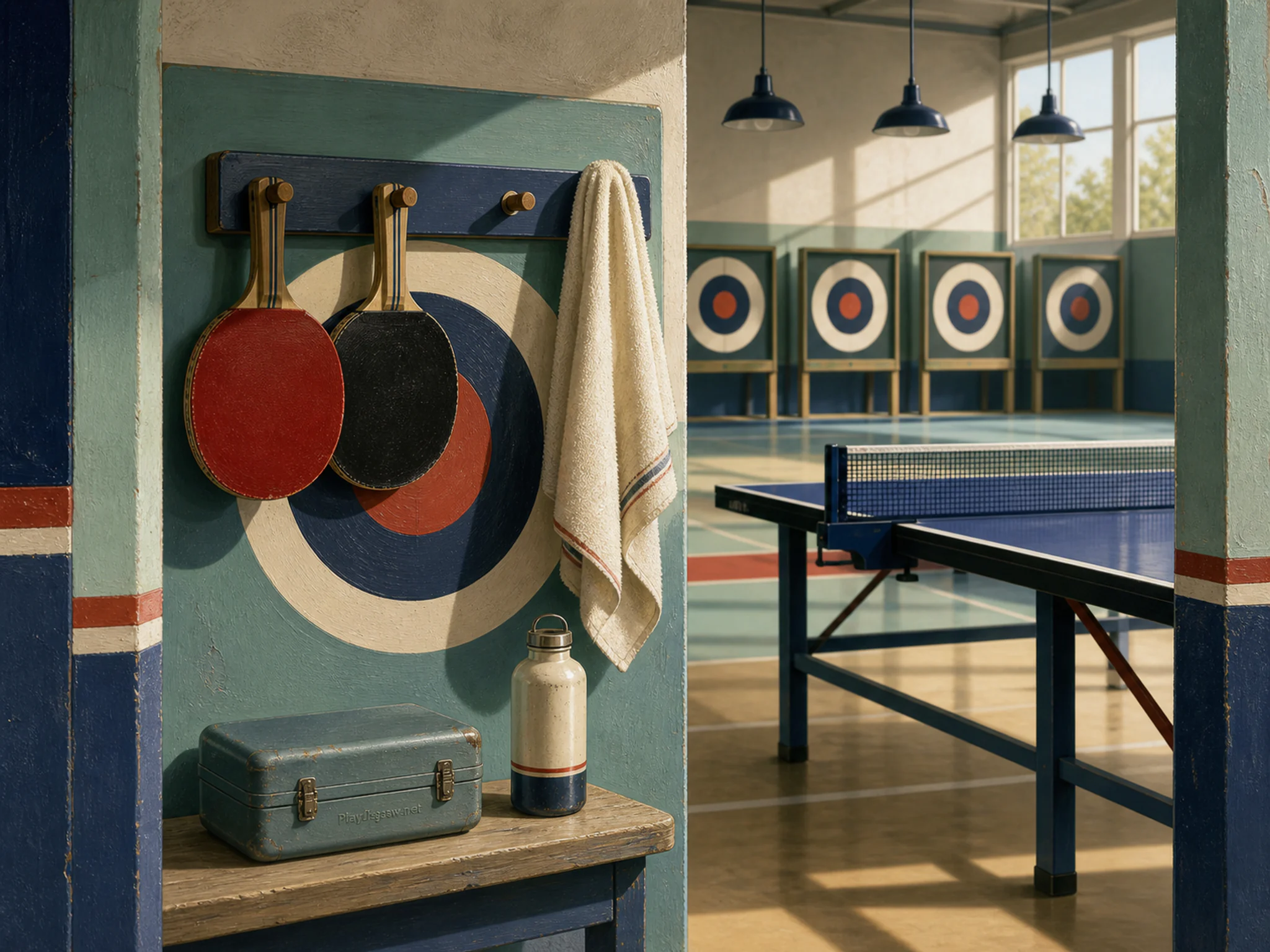 Table Tennis Corner drying above painted paddle rack in a precise target-sports salle, with layered scenery and clear early morning light.