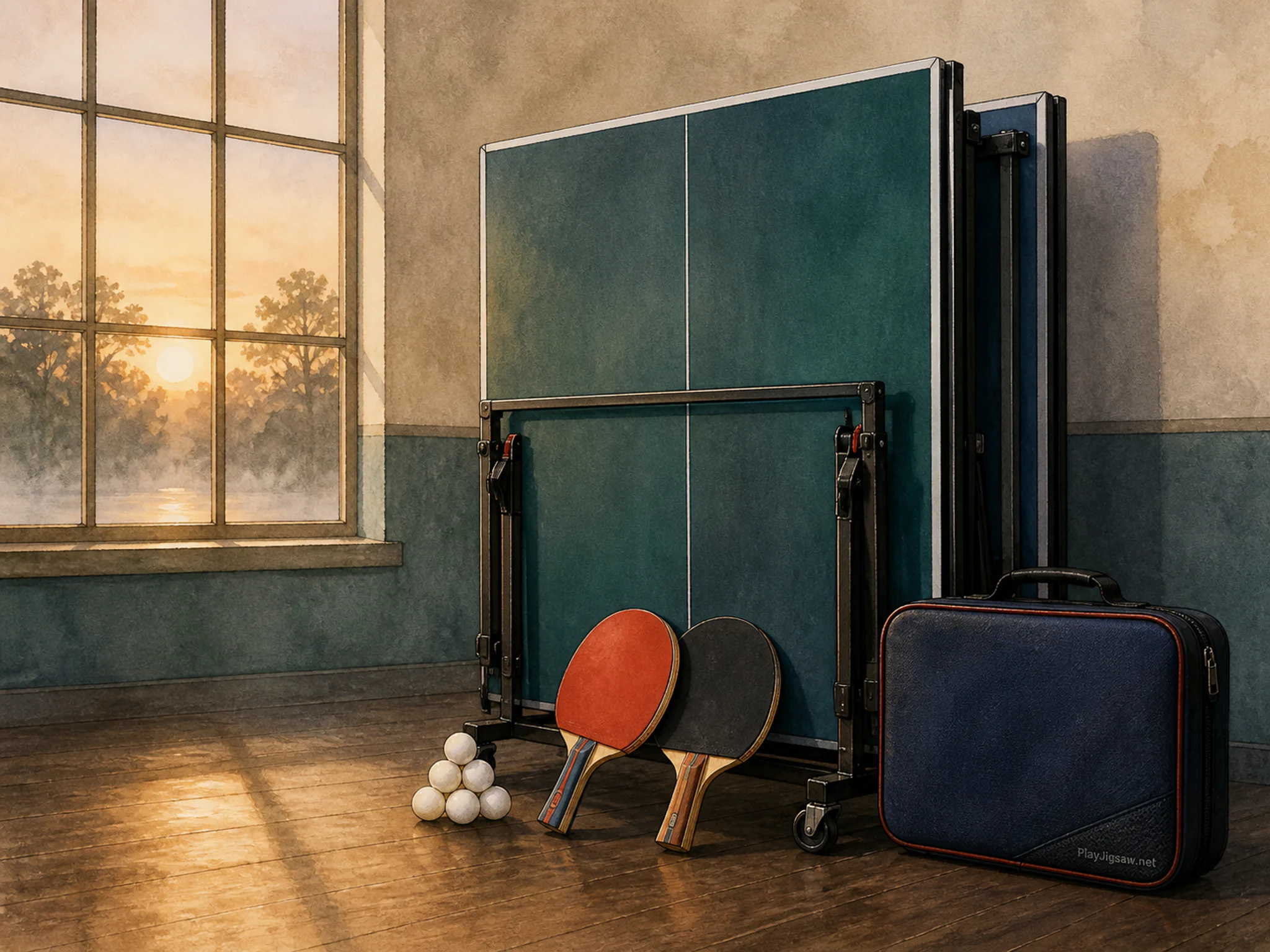 Table Tennis Corner stored beside protective equipment case in a quiet club equipment corner, with layered scenery and calm misty dawn.