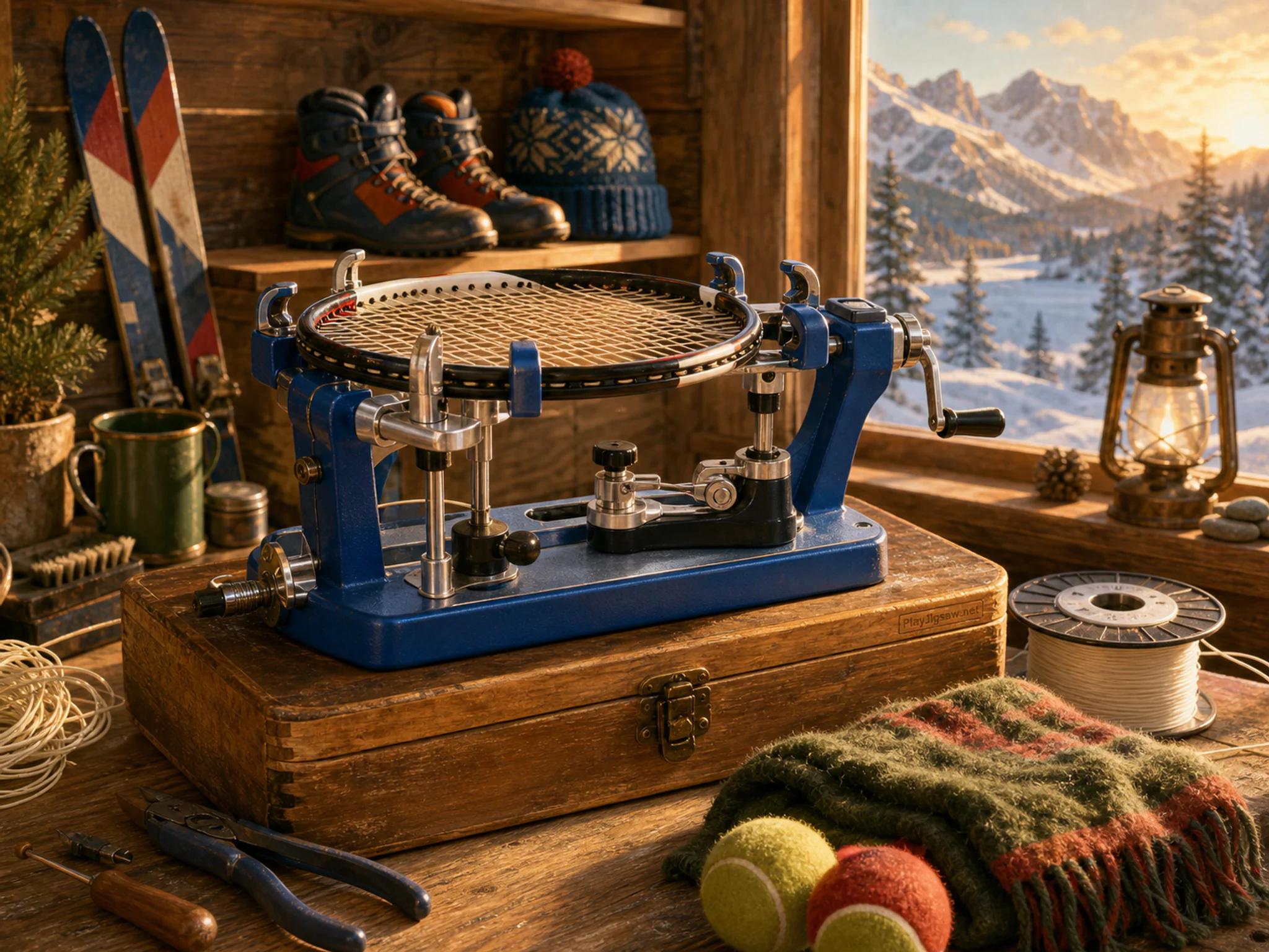 Tennis Stringing Desk being adjusted on wooden wax box in a cold-weather sports workshop, with layered scenery and warm late-day sunlight.