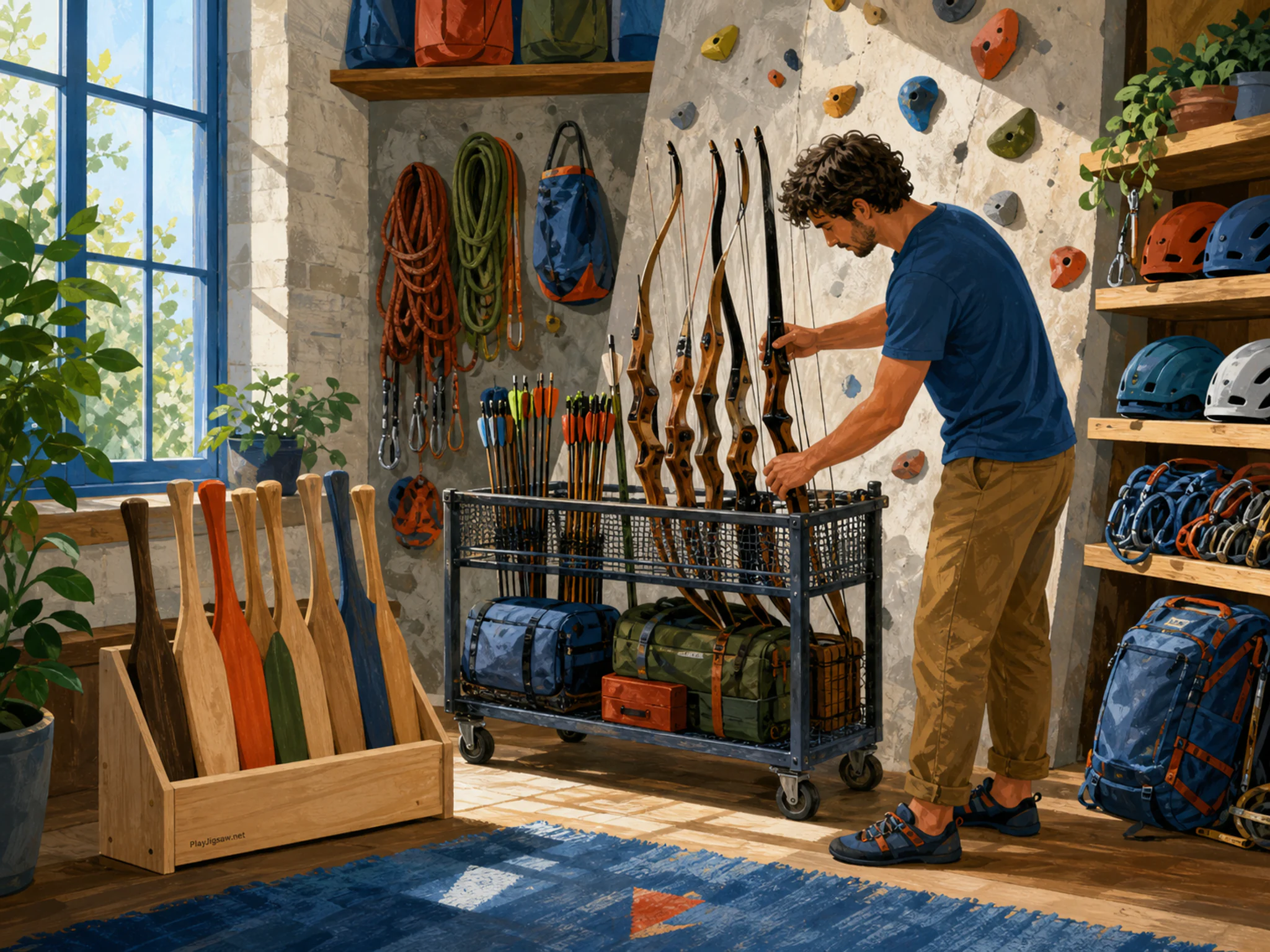 Archery Display being adjusted on mesh ball cart in a textured climbing gear room, with layered scenery and bright diffused window light.