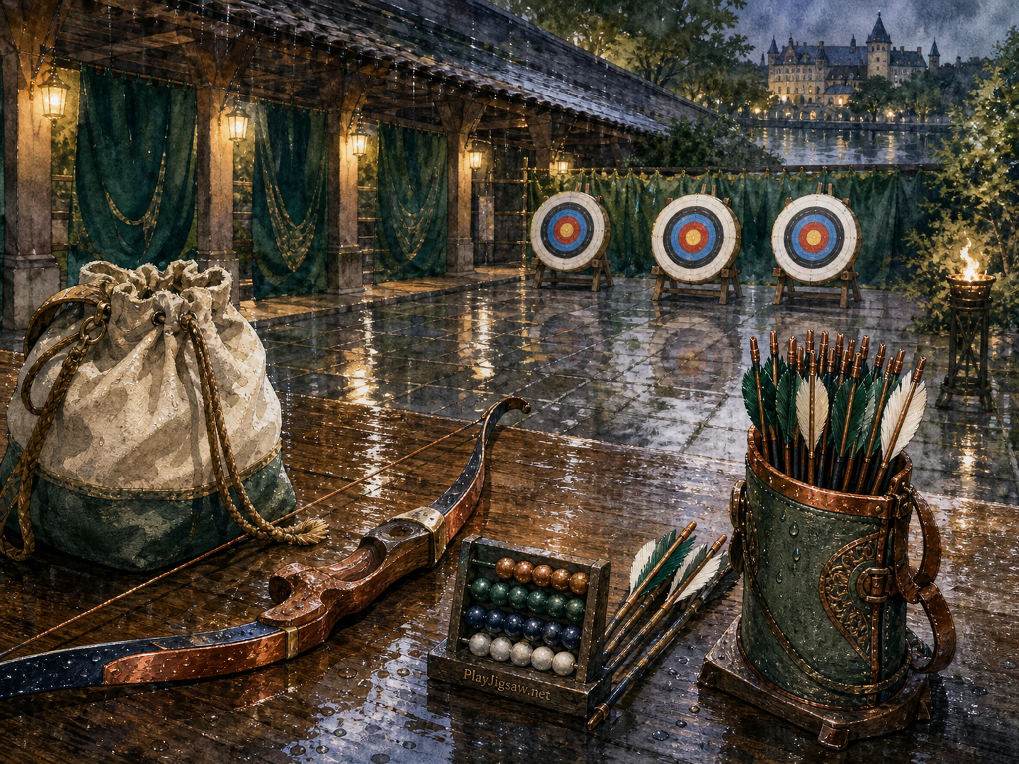 Archery Display aligned beside canvas rope bag in a precise target-sports salle, with layered scenery and gentle rain with crisp reflections.