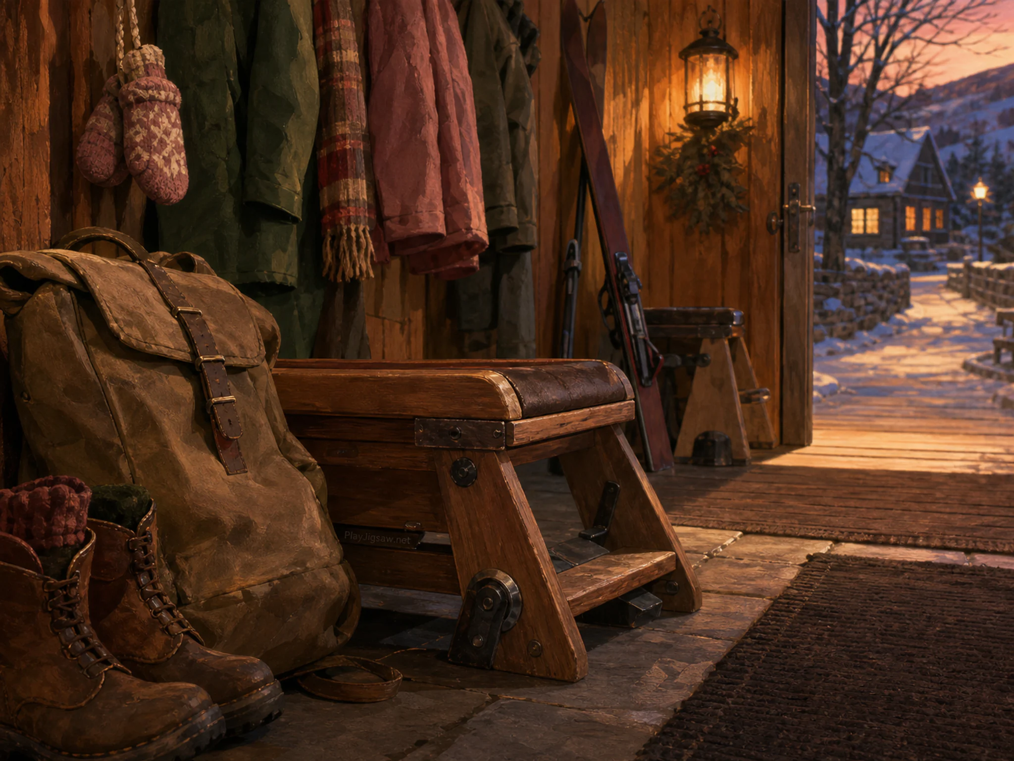 biathlon bench stored naturally beside a canvas daypack in a ski-lodge mudroom with a second familiar biathlon bench, with familiar objects and warm lamplight at dusk.