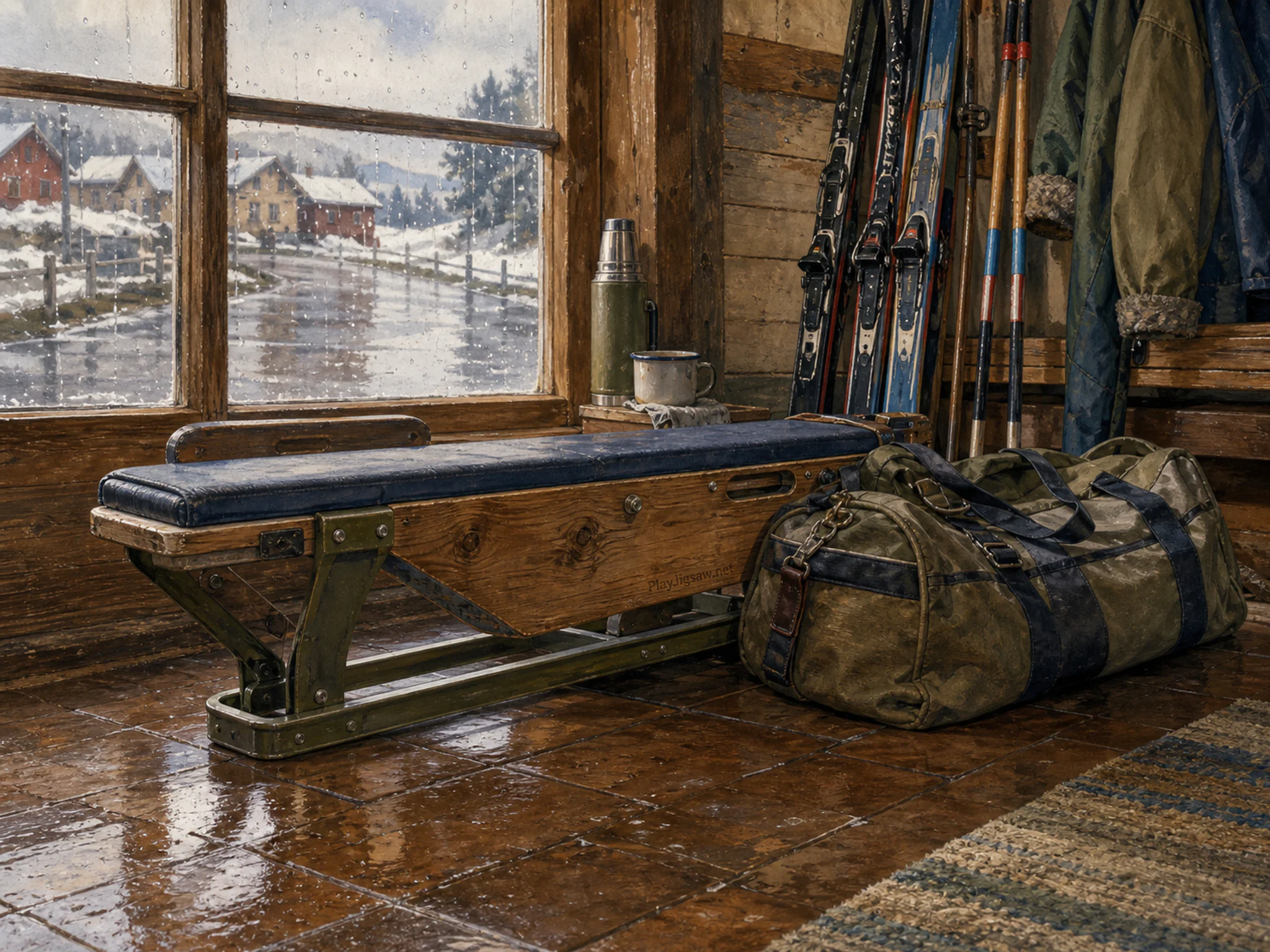 biathlon bench stored naturally beside a canvas equipment bag in a winter-sports gear room with a familiar biathlon bench, with familiar objects and gentle rain with crisp.