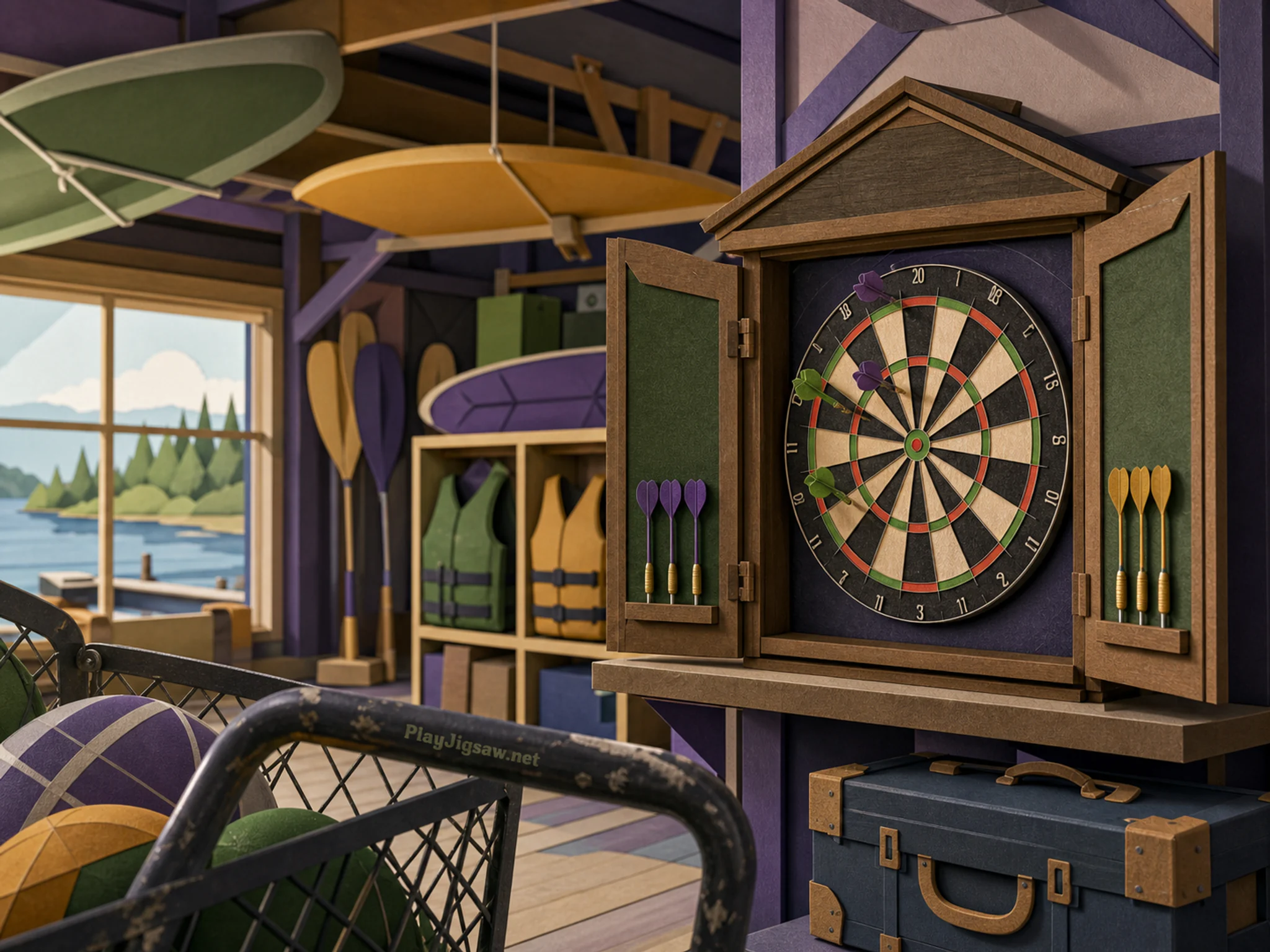 Dart Cabinet waiting near protective equipment case in a timber water-sports boathouse, with layered scenery and bright diffused window light.