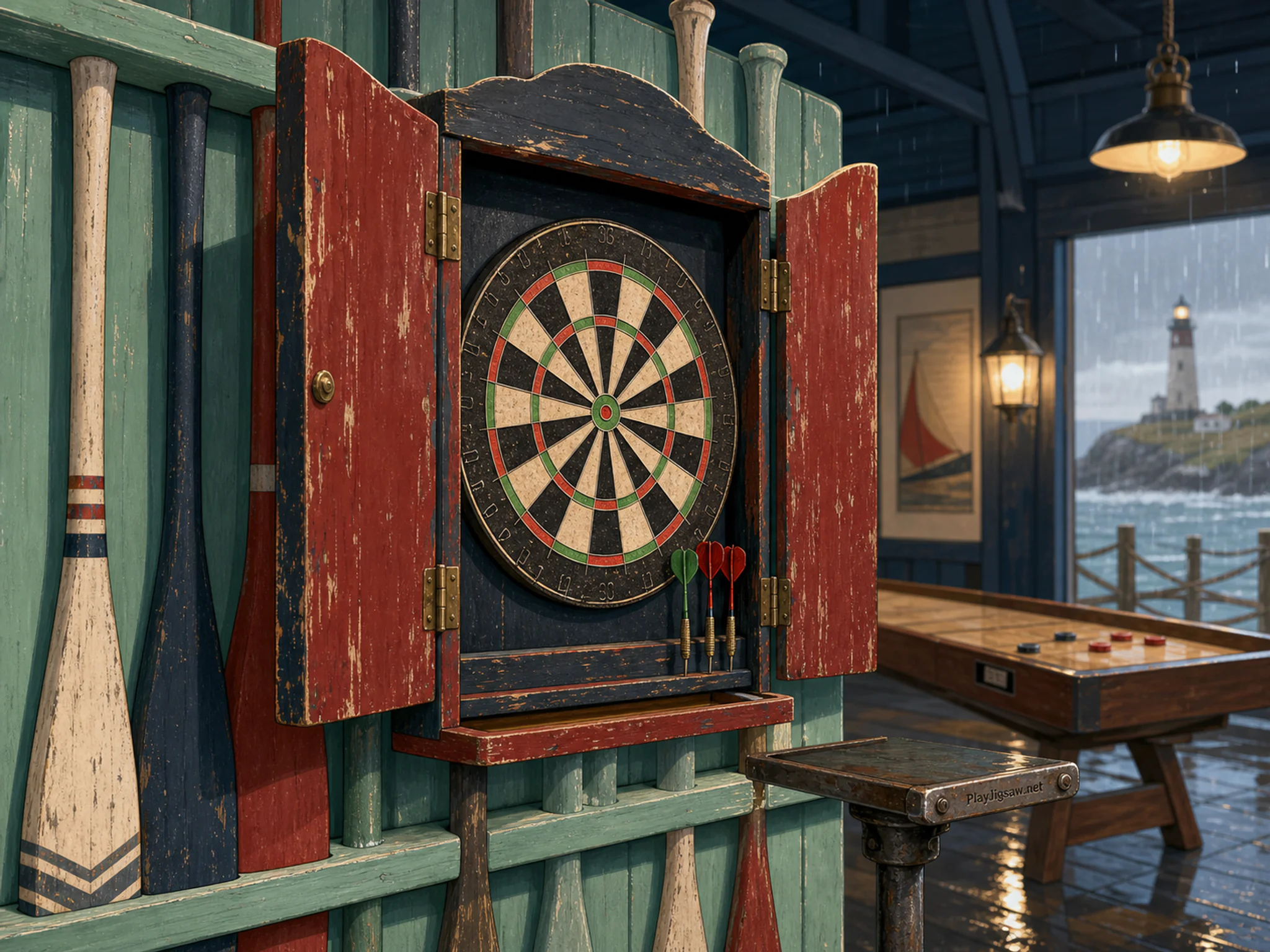 Dart Cabinet prepared across painted paddle rack in a warm traditional games hall, with layered scenery and gentle rain with crisp reflections.