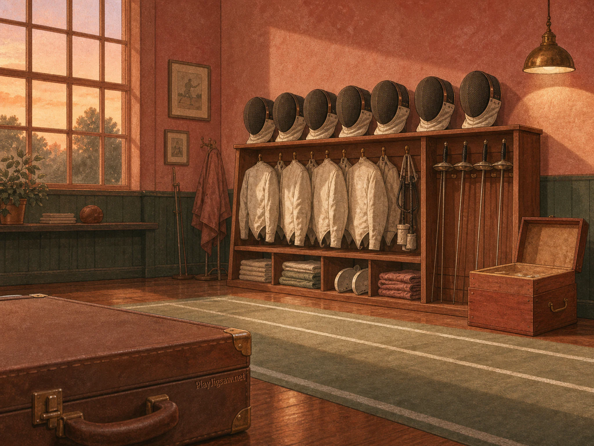Fencing Gear Wall stored beside wooden wax box in a practical team training room, with layered scenery and golden lamplight at dusk.