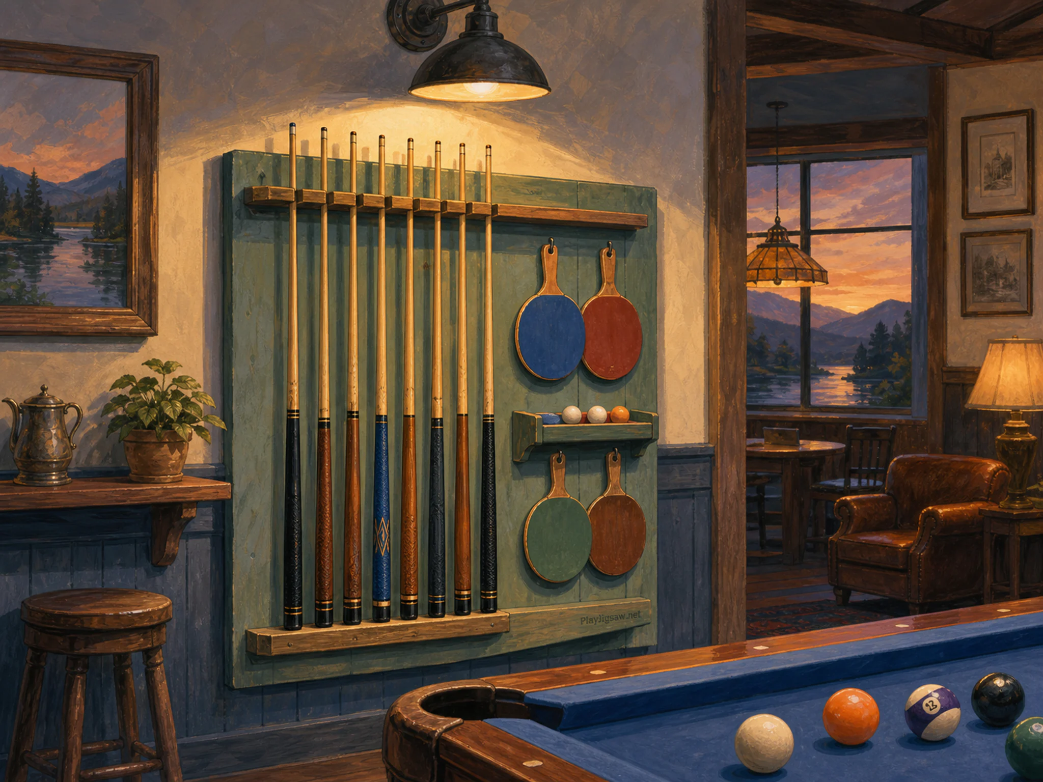 Billiards Cue Rack being adjusted on painted paddle rack in a practical team training room, with layered scenery and golden lamplight at dusk.