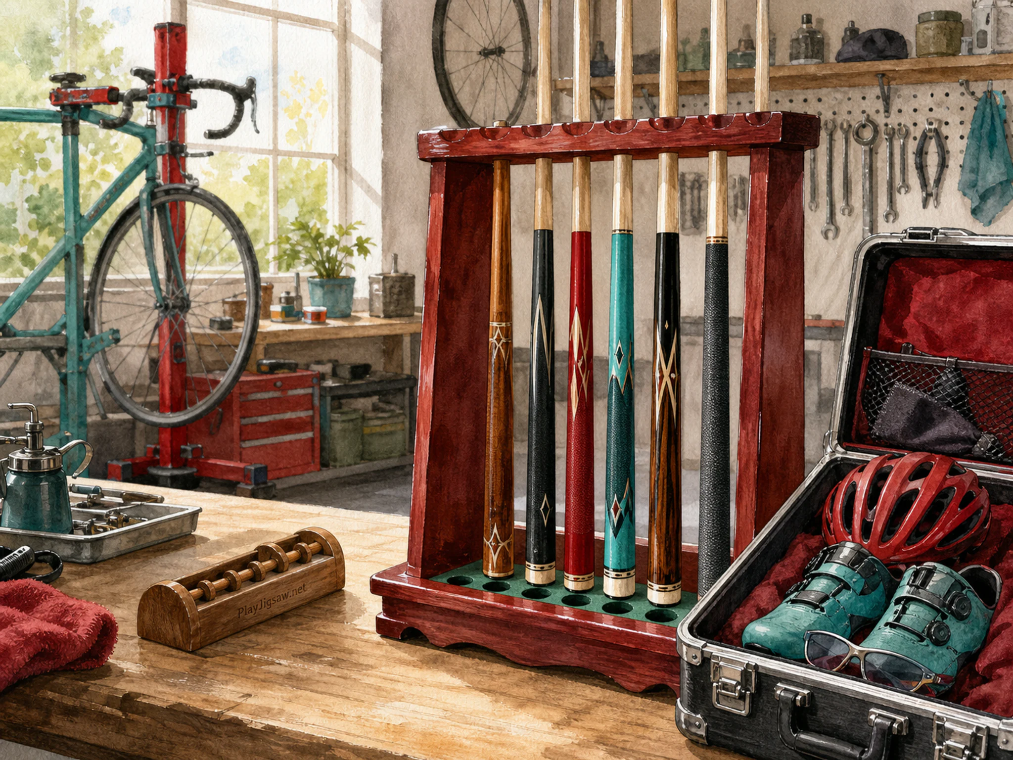 Billiards Cue Rack aligned beside protective equipment case in a clean cycling repair pit, with layered scenery and bright diffused window light.