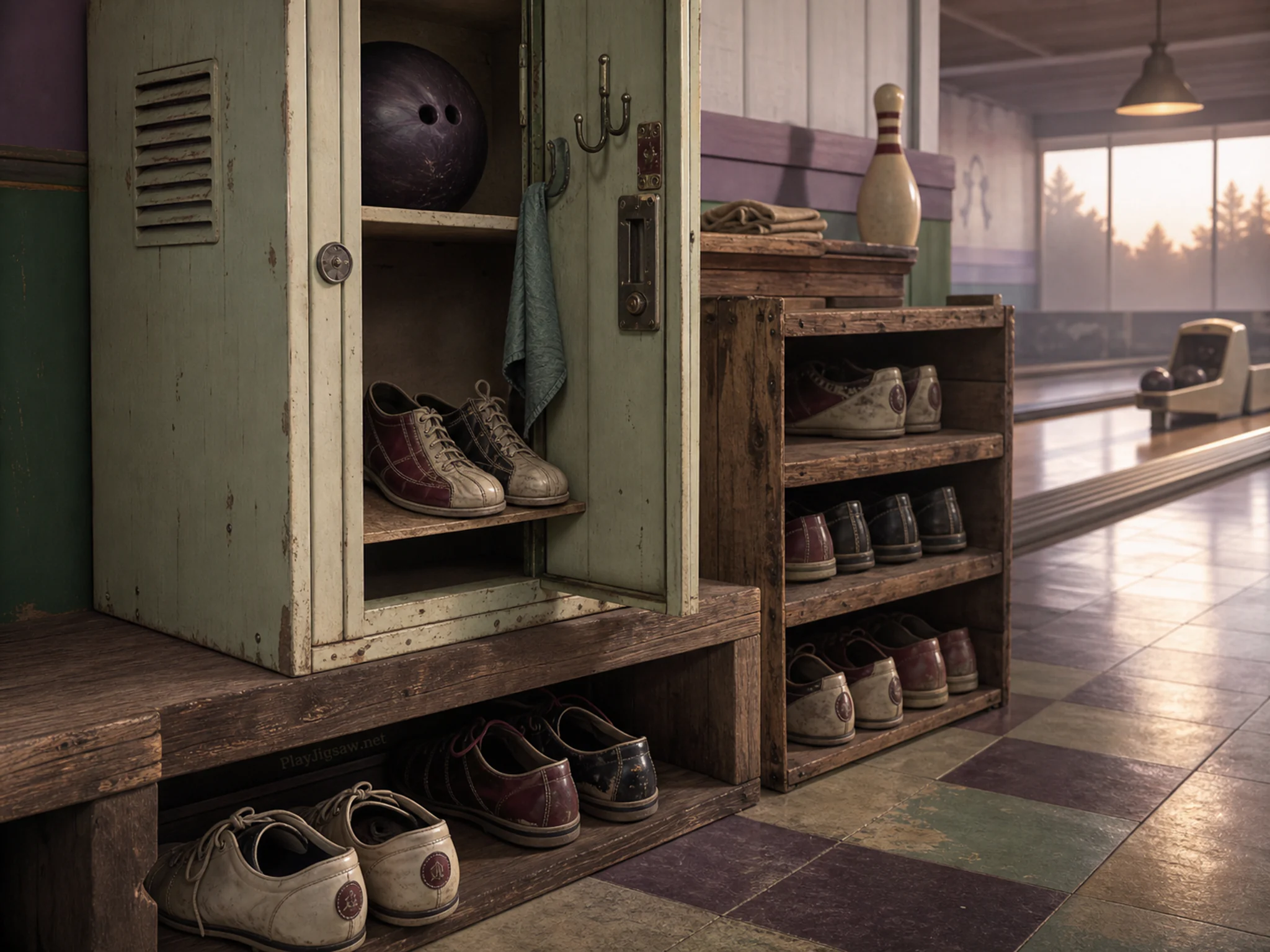 bowling locker stored naturally beside a wooden shoe crate in a neighborhood bowling-alley locker corner after closing, with familiar objects and calm misty dawn.