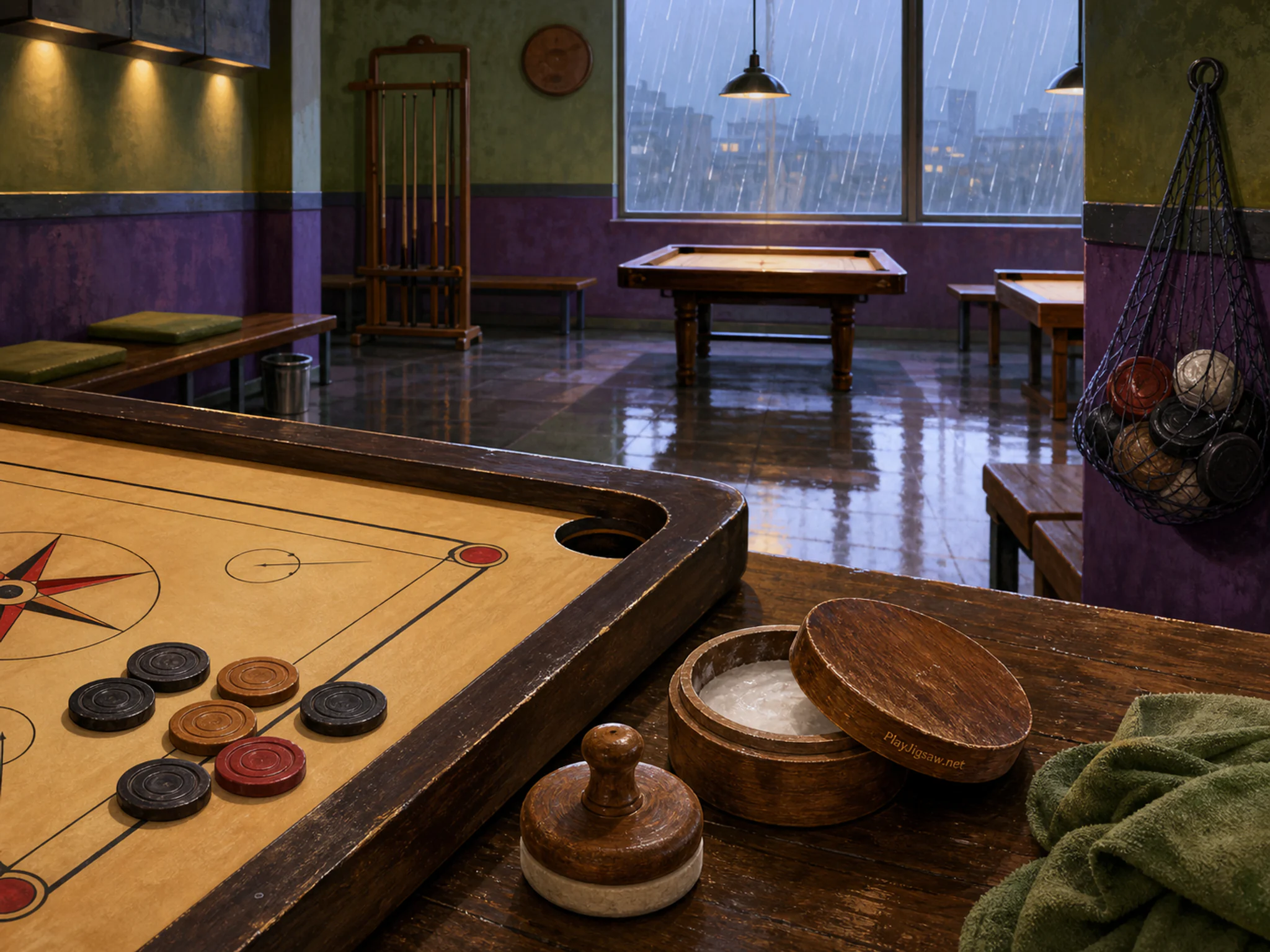 Carrom Board Corner organized around wooden wax box in a precise target-sports salle, with layered scenery and gentle rain with crisp reflections.