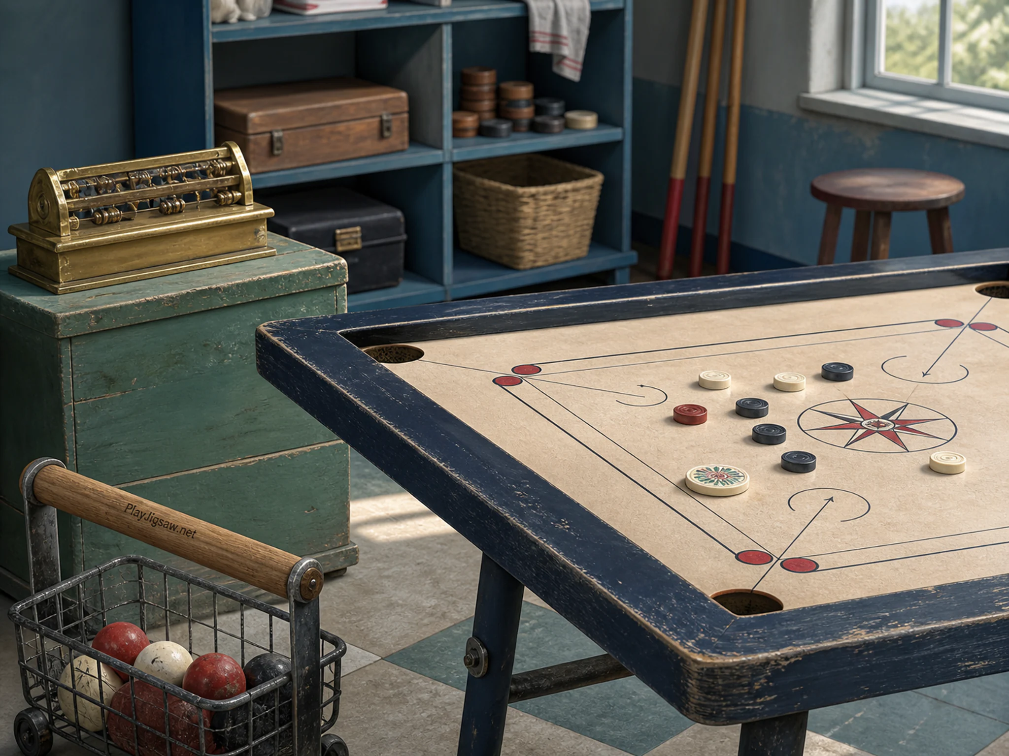 Carrom Board Corner checked near brass scoring counter in a quiet club equipment corner, with layered scenery and soft overcast afternoon.