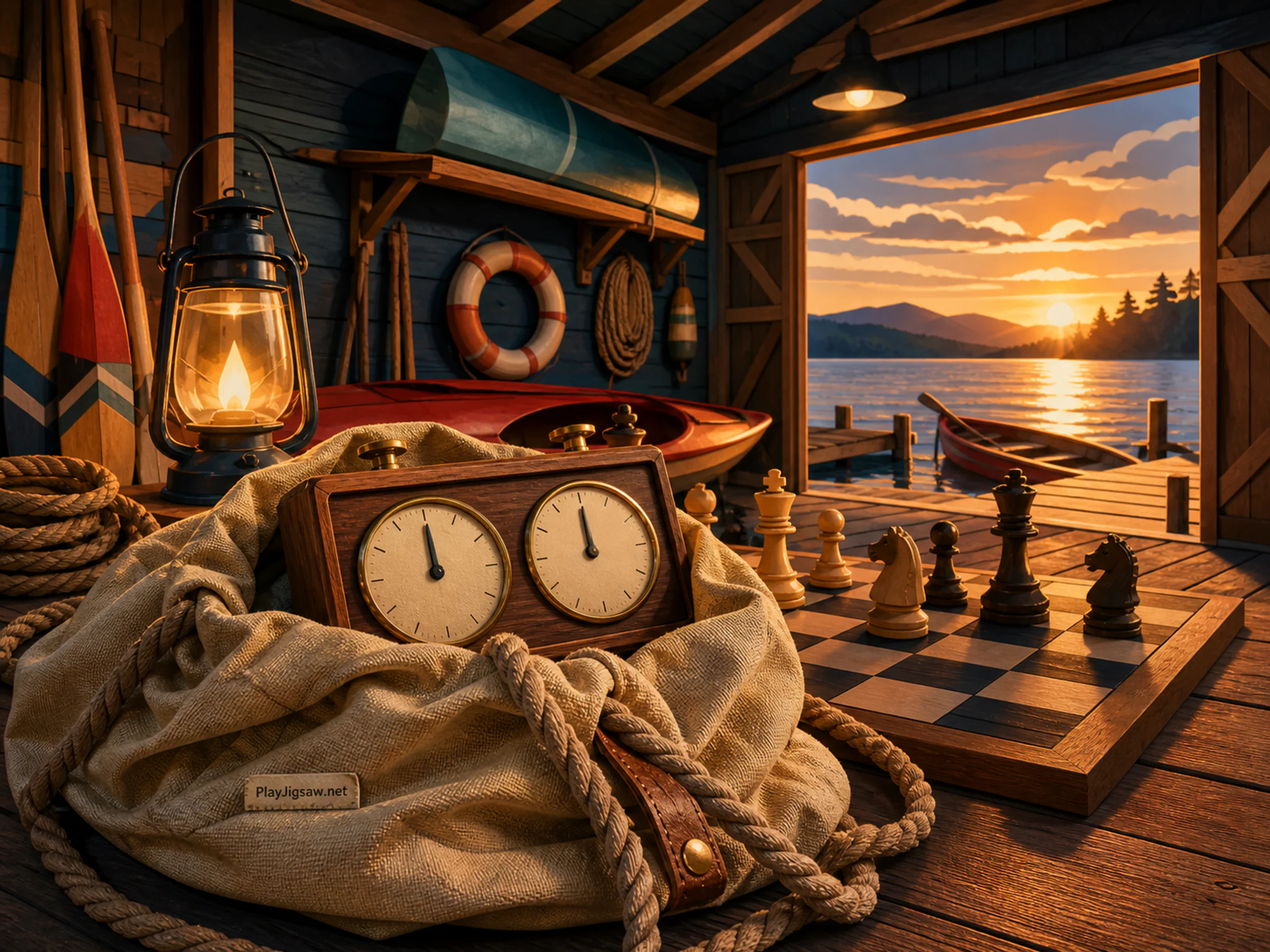 Chess Clock Table prepared across canvas rope bag in a timber water-sports boathouse, with layered scenery and golden lamplight at dusk.