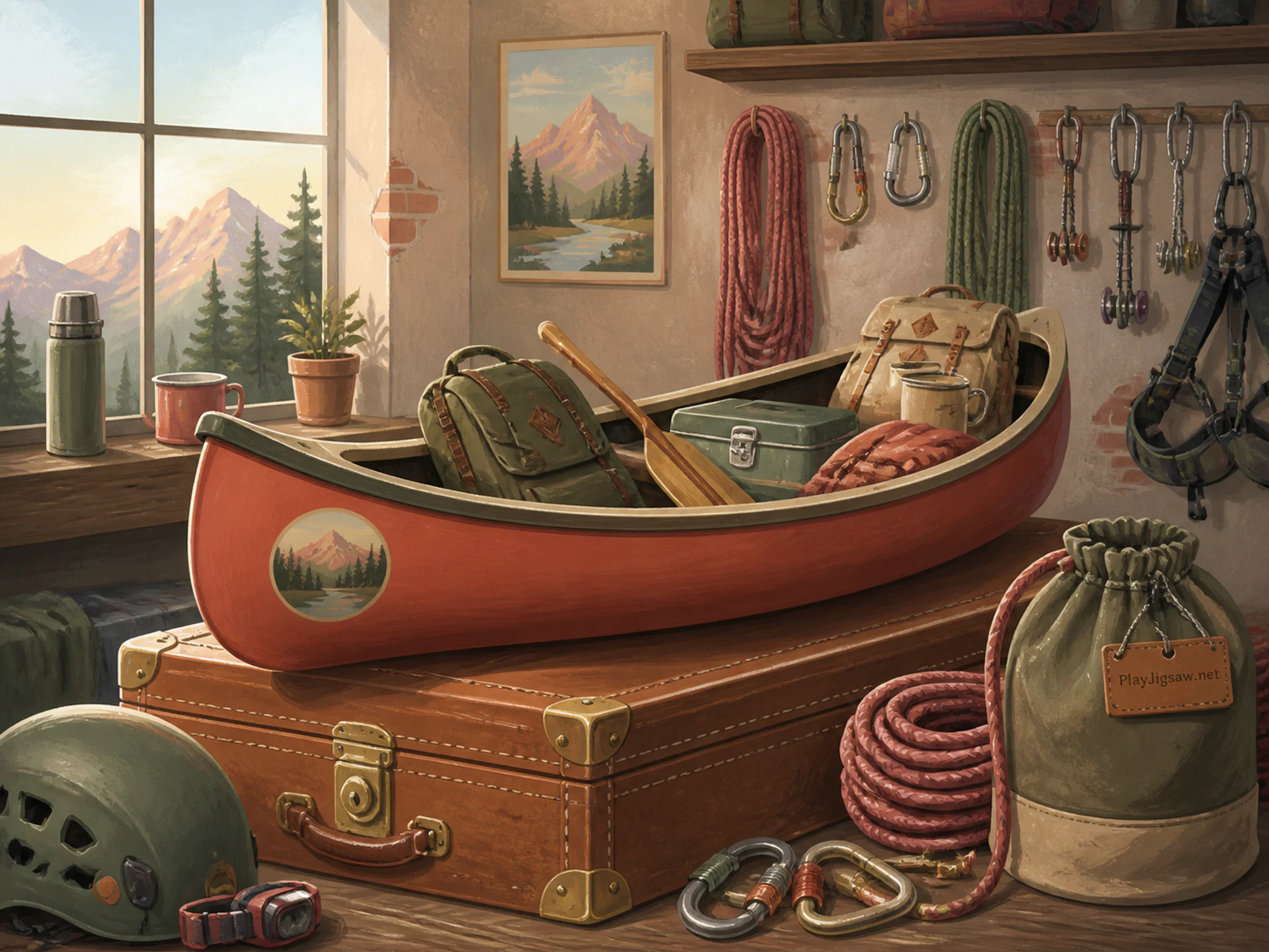 Canoe Camp prepared across leather target case in a textured climbing gear room, with layered scenery and clear early morning light.