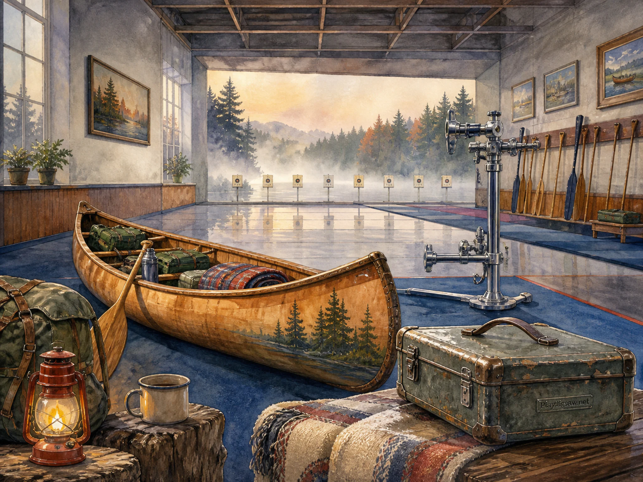 Canoe Camp waiting near chrome repair stand in a precise target-sports salle, with layered scenery and calm misty dawn.