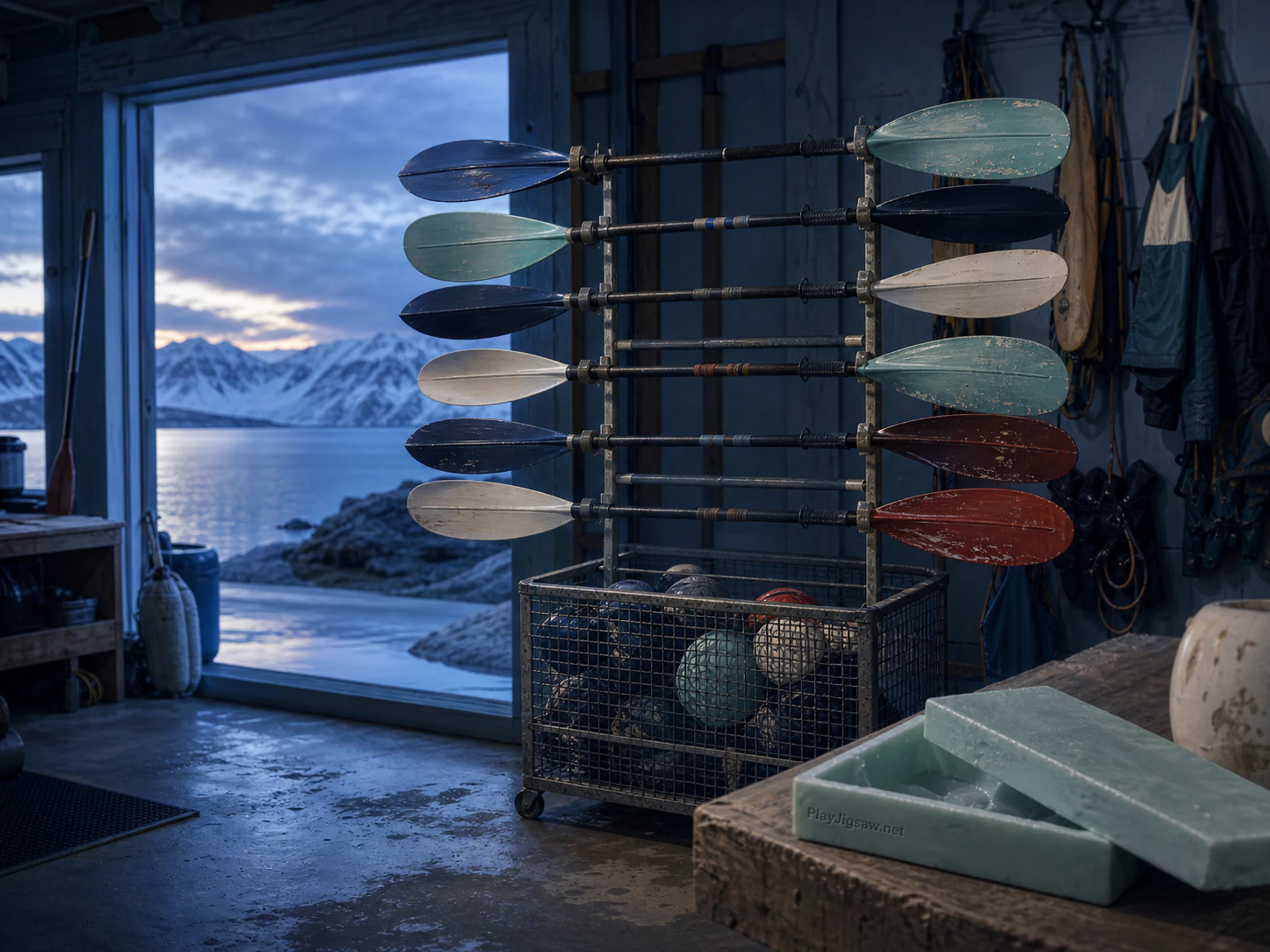 Kayak Paddle Rack organized around mesh ball cart in a cold-weather sports workshop, with layered scenery and cool blue-hour light.
