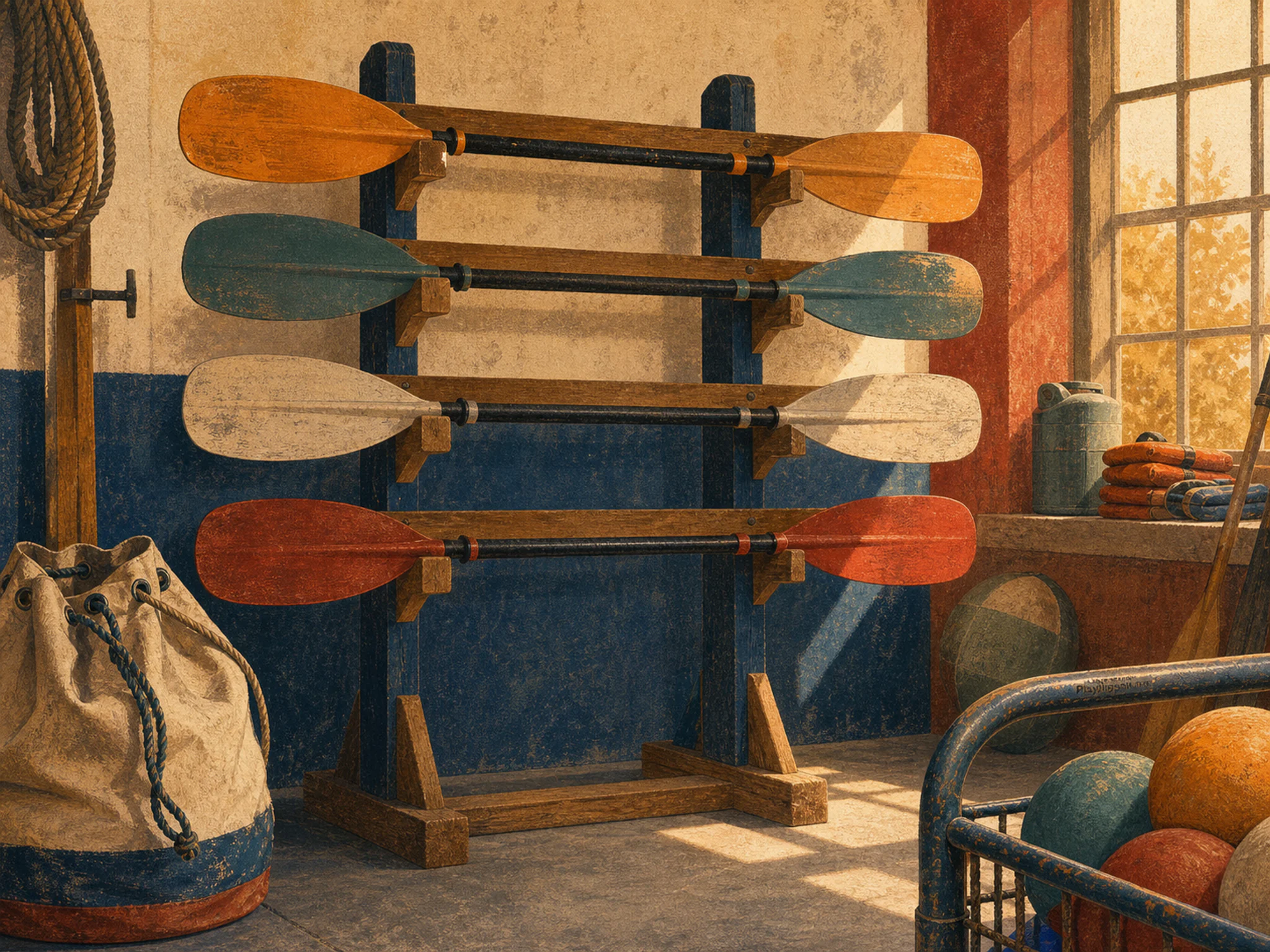 Kayak Paddle Rack checked near canvas rope bag in a practical team training room, with layered scenery and warm late-day sunlight.