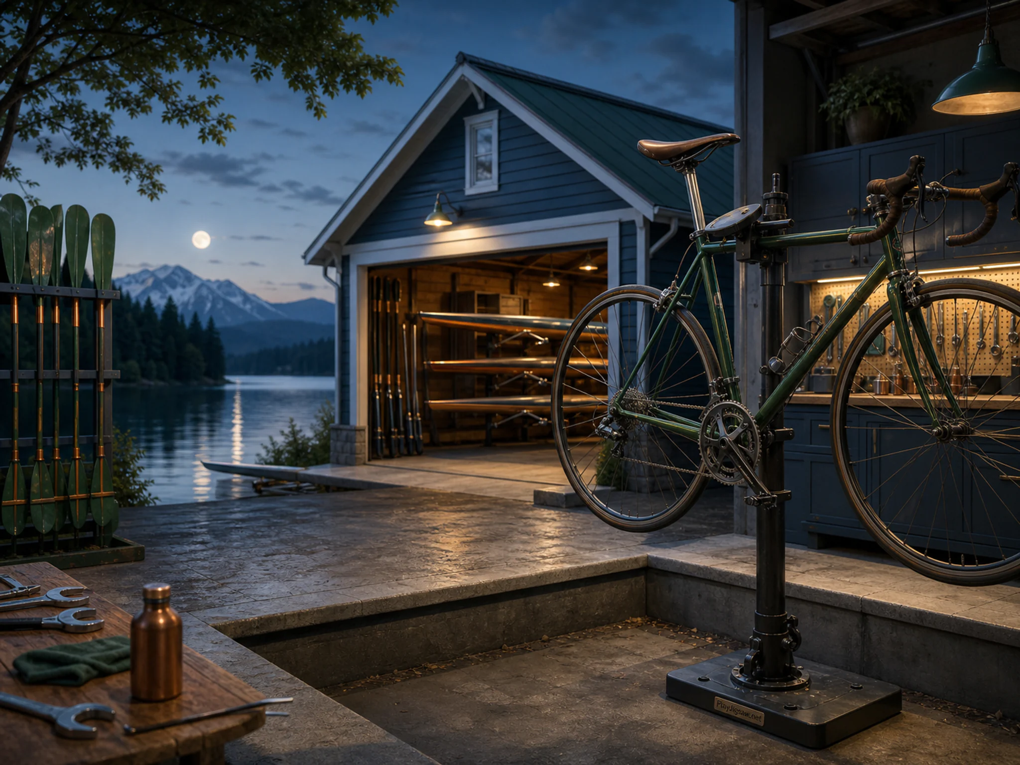 Rowing Boathouse stored beside painted paddle rack in a clean cycling repair pit, with layered scenery and cool blue-hour light.