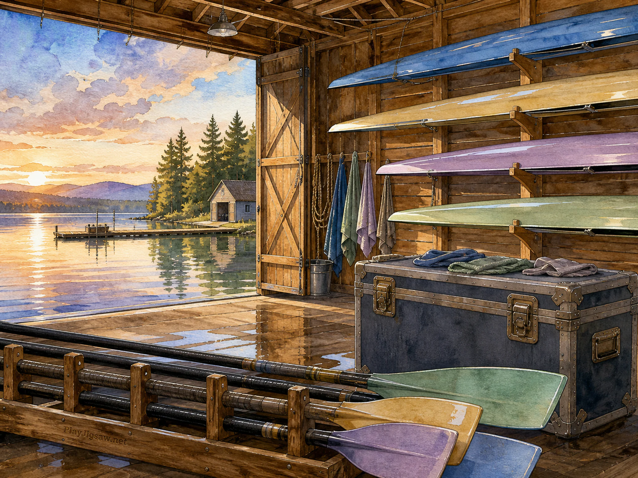 Rowing Boathouse drying above protective equipment case in a timber water-sports boathouse, with layered scenery and warm late-day sunlight.