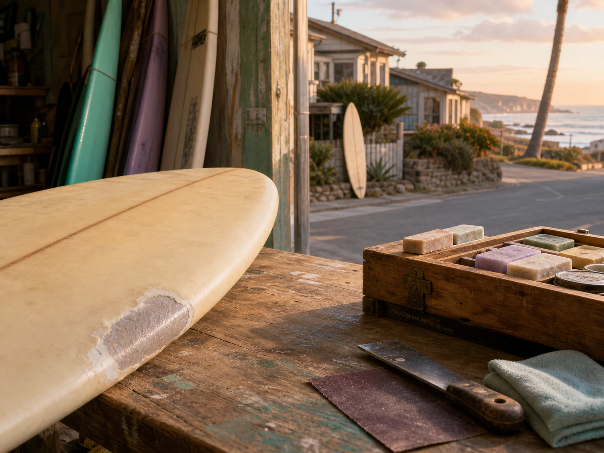 surfboard repair stored naturally beside a wooden wax box in a surfboard-repair shop near a residential beach road, with familiar objects and warm late-day sunlight.