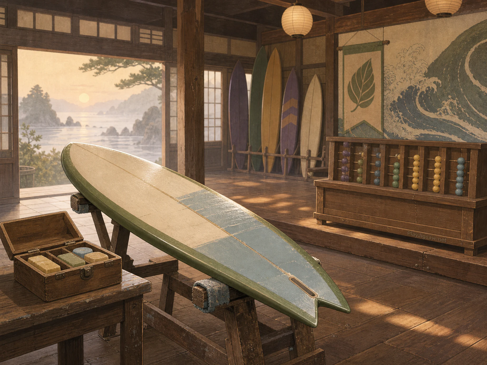 Surfboard Repair aligned beside wooden wax box in a warm traditional games hall, with layered scenery and calm misty dawn.