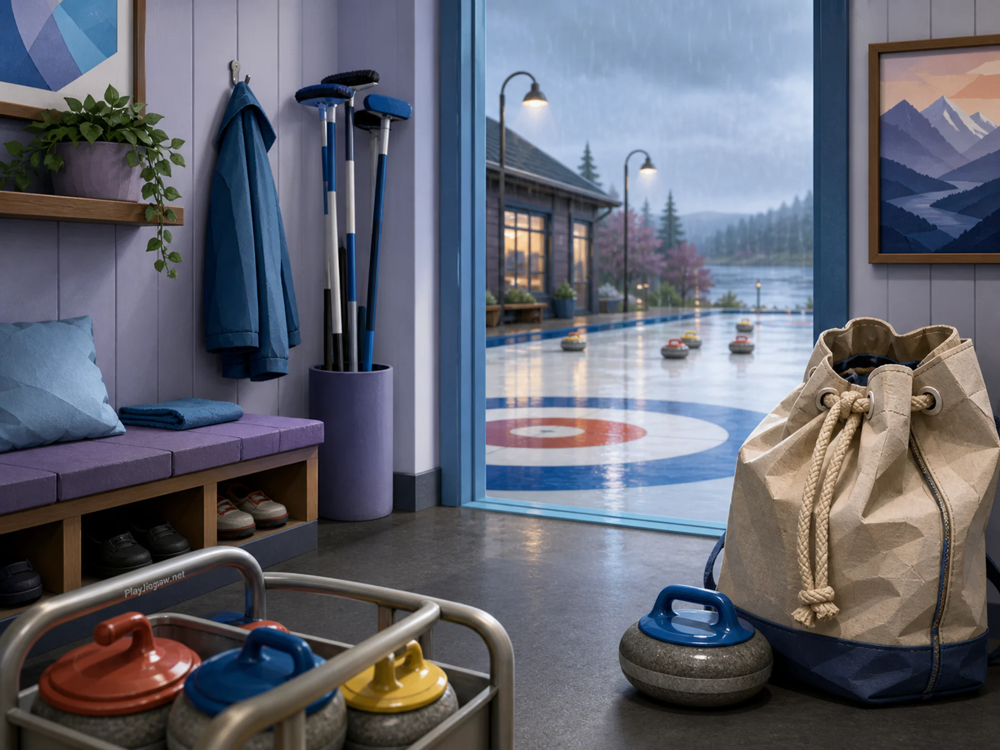 Curling Rack waiting near canvas rope bag in a quiet club equipment corner, with layered scenery and gentle rain with crisp reflections.