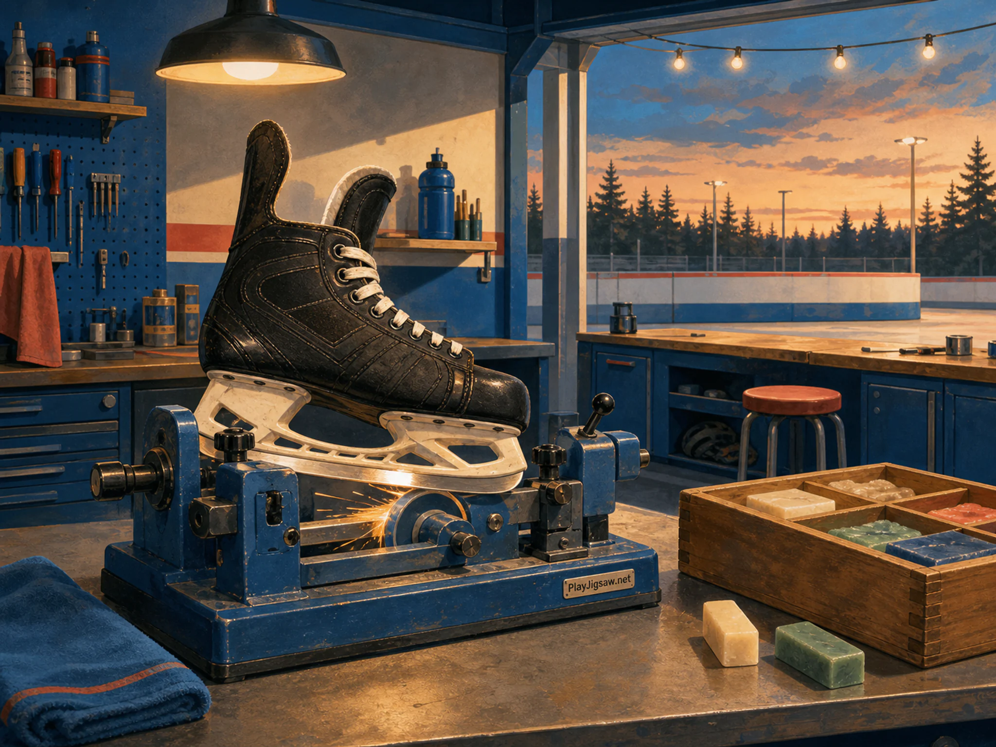Skate Sharpening checked near wooden wax box in a clean cycling repair pit, with layered scenery and golden lamplight at dusk.