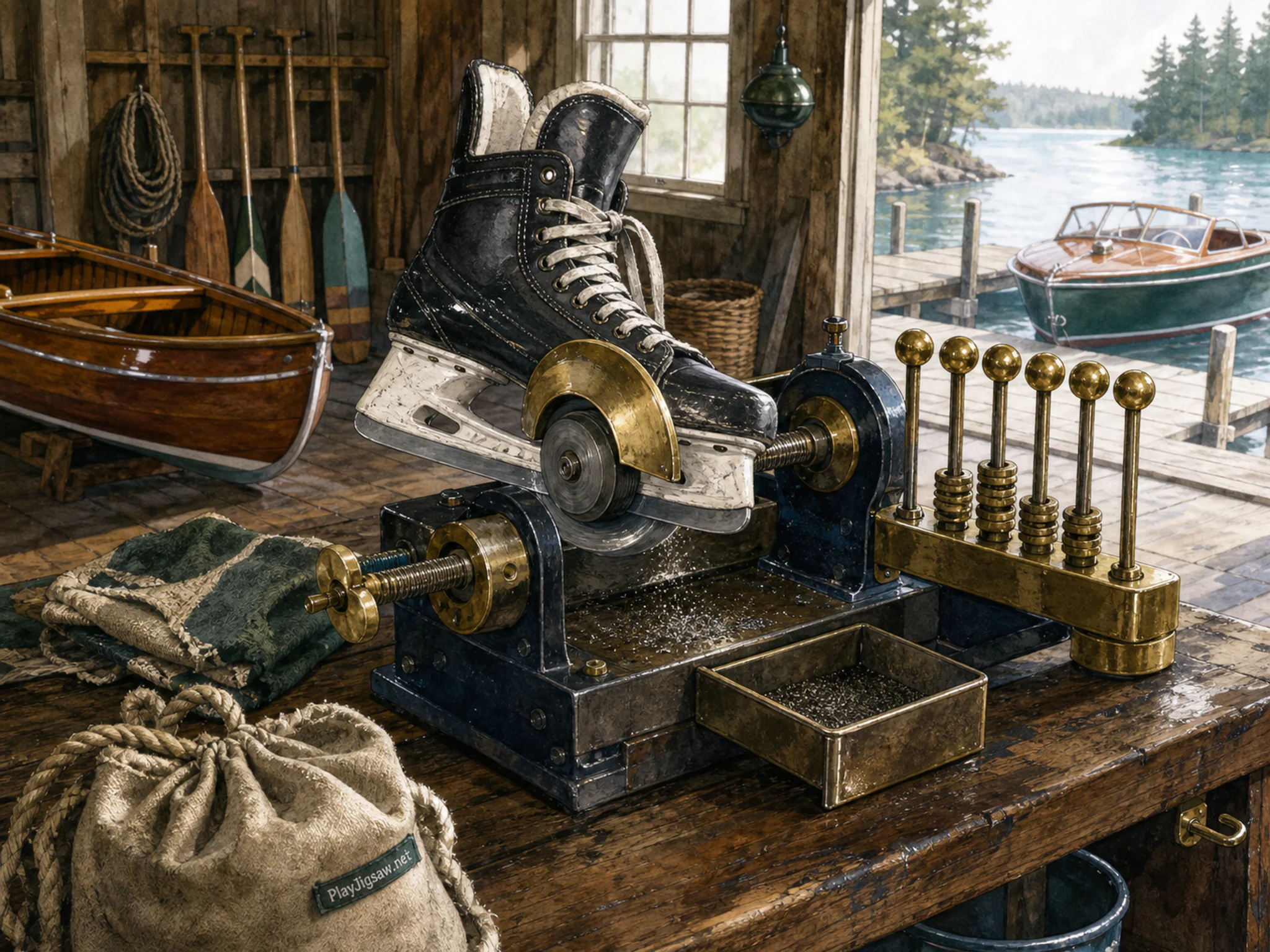 Skate Sharpening organized around brass scoring counter in a timber water-sports boathouse, with layered scenery and bright diffused window light.