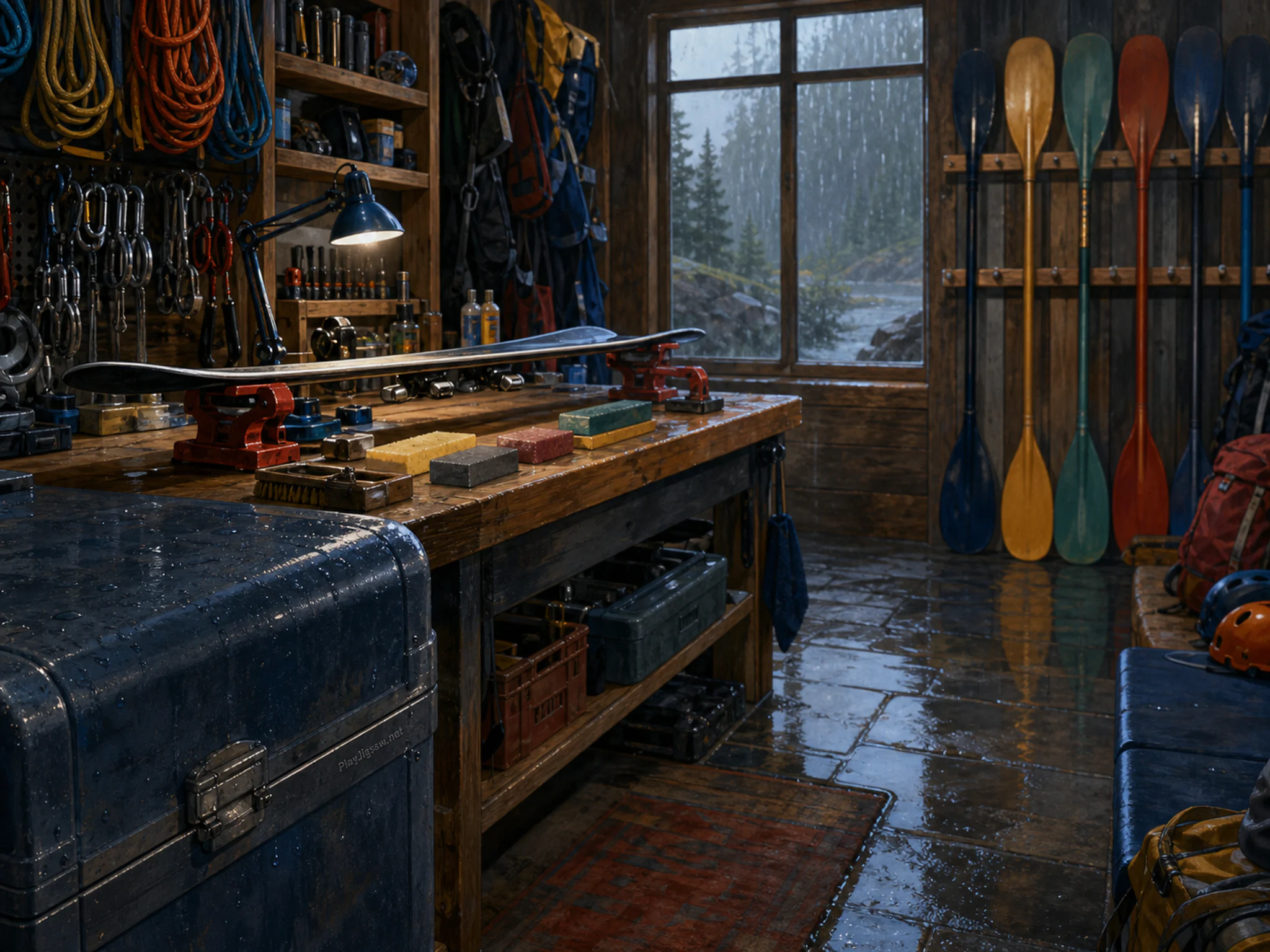 Ski Wax Bench aligned beside painted paddle rack in a textured climbing gear room, with layered scenery and gentle rain with crisp reflections.