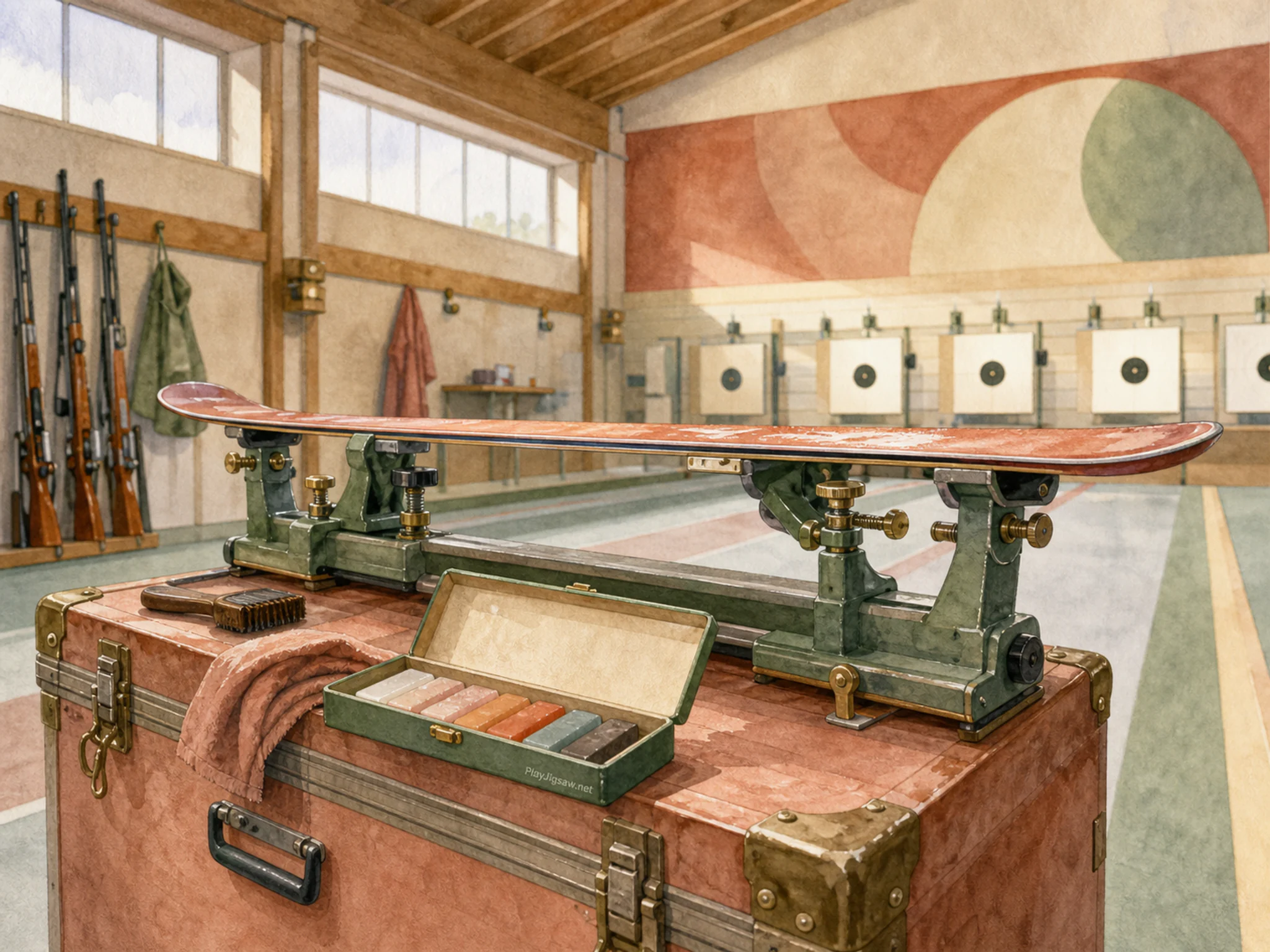 Ski Wax Bench being adjusted on protective equipment case in a precise target-sports salle, with layered scenery and soft overcast afternoon.