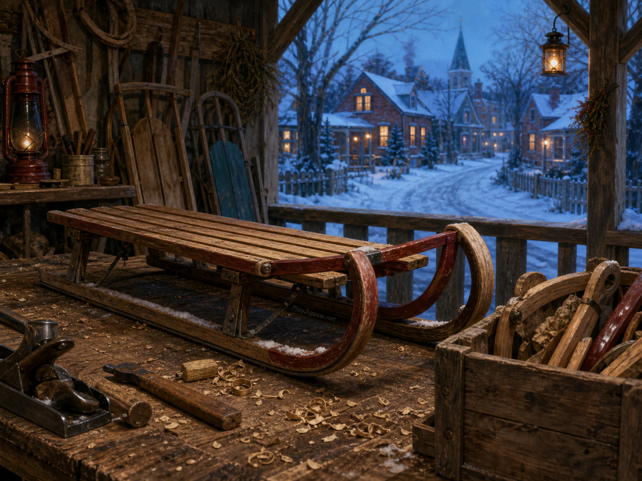 sled workshop stored naturally beside a wooden parts crate in a small winter sled workshop beside a village lane, with familiar objects and cool blue-hour light.
