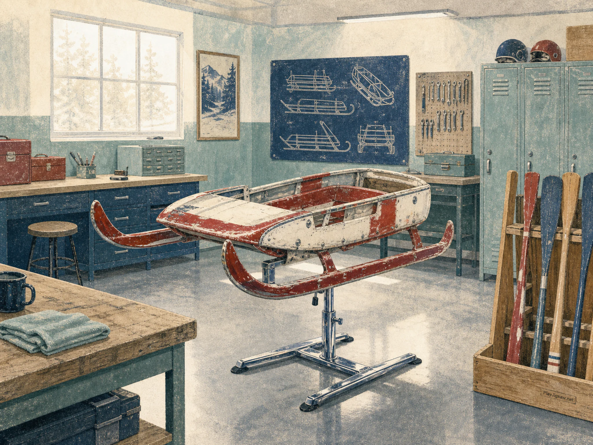 Sled Workshop drying above chrome repair stand in a practical team training room, with layered scenery and bright diffused window light.