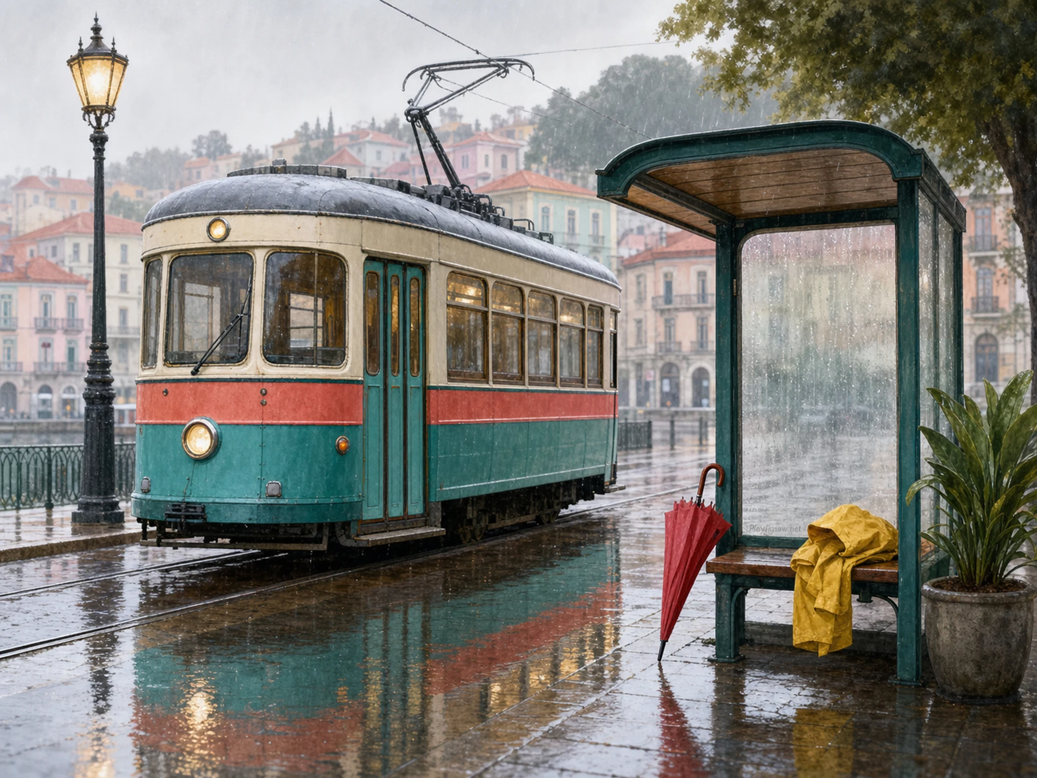 A rainy city tram stop with a teal and coral tram, bench, umbrella, raincoat, puddle, planter, signal light, and a tiny etched in-world maker mark on the shelter glass
