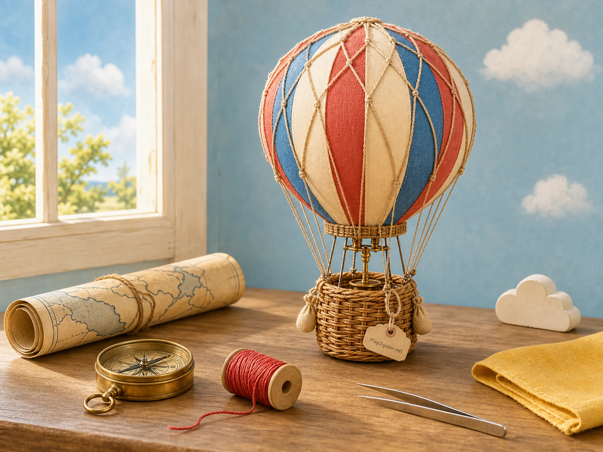A model maker desk with a small hot air balloon model, spool, map scrap, pencil, small ruler, brass compass, fabric patch, and a subtle in-world maker mark