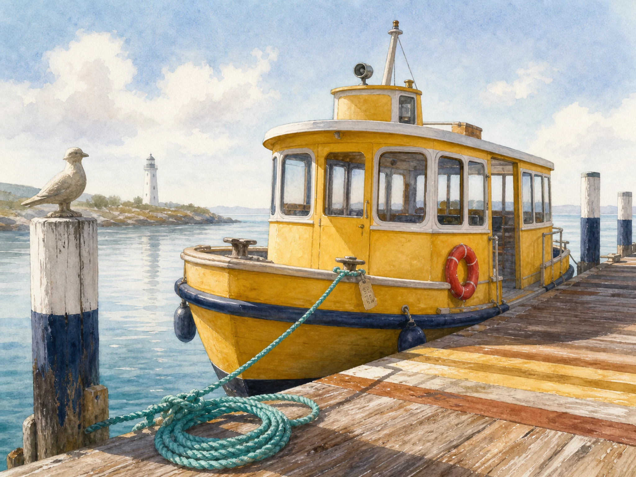 A harbor dock with a yellow passenger ferry, turquoise rope coil, navy bumper, red life ring, gull ornament, striped dock planks, distant lighthouse shape, and a tiny in-world rope tag