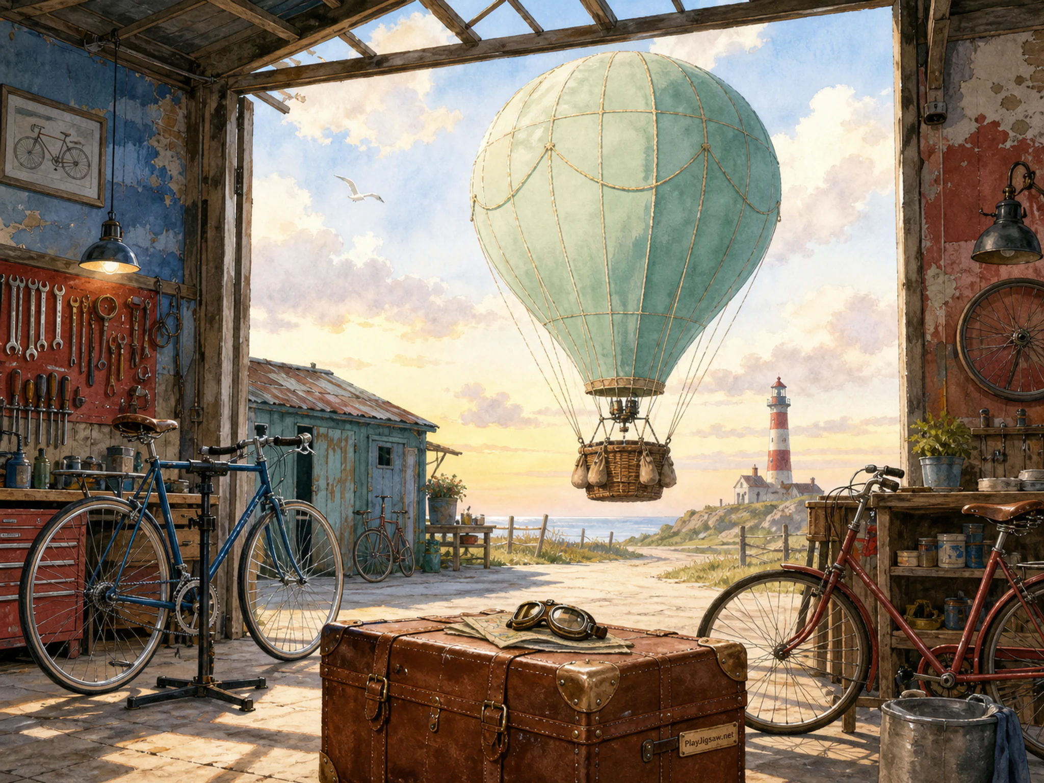Hot Air Balloon parked above leather flight case in a compact bicycle workshop, with layered scenery and clear early morning light.