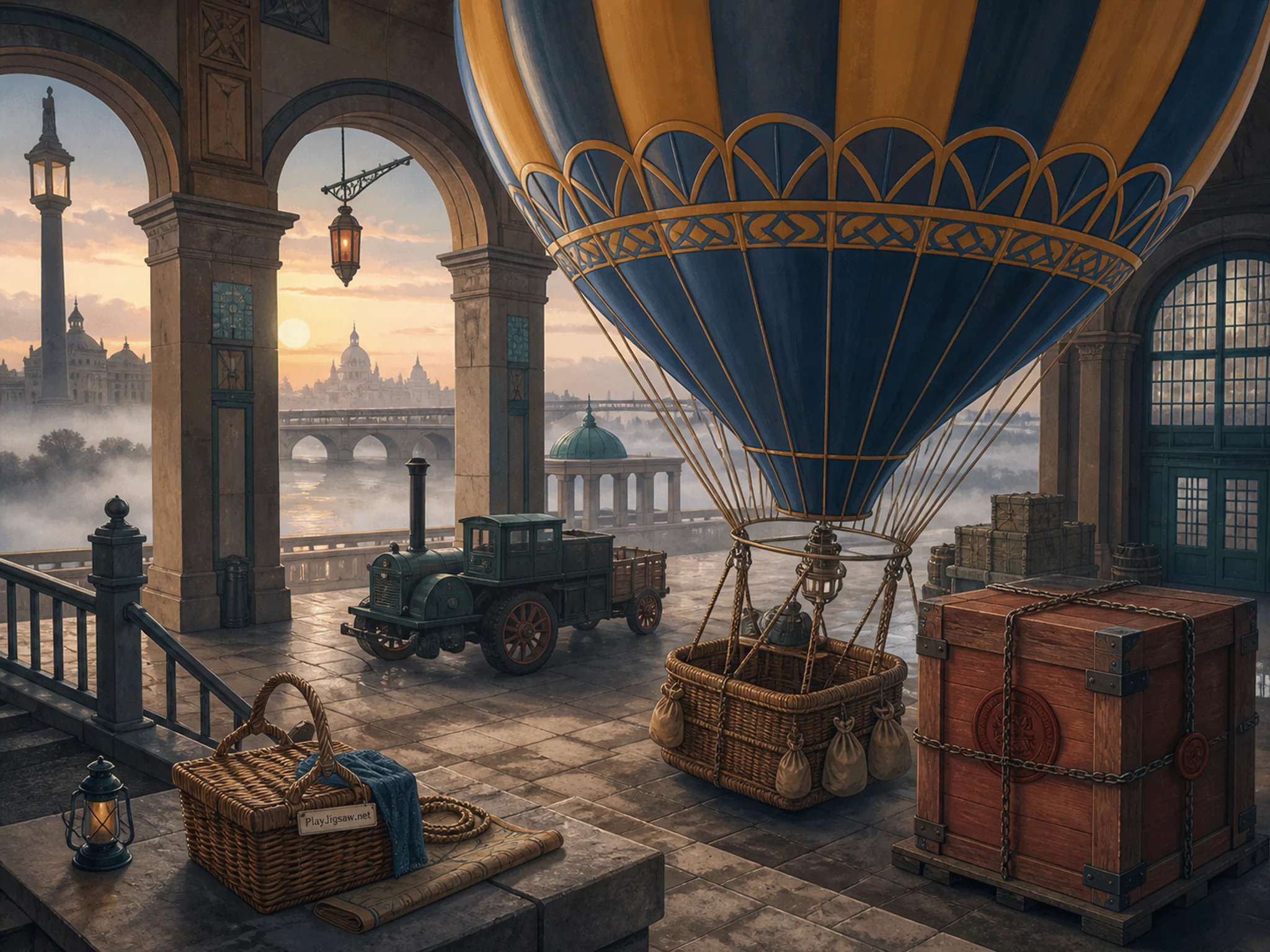 Hot Air Balloon restored near sealed expedition crate in a historic transit depot, with layered scenery and calm misty dawn.