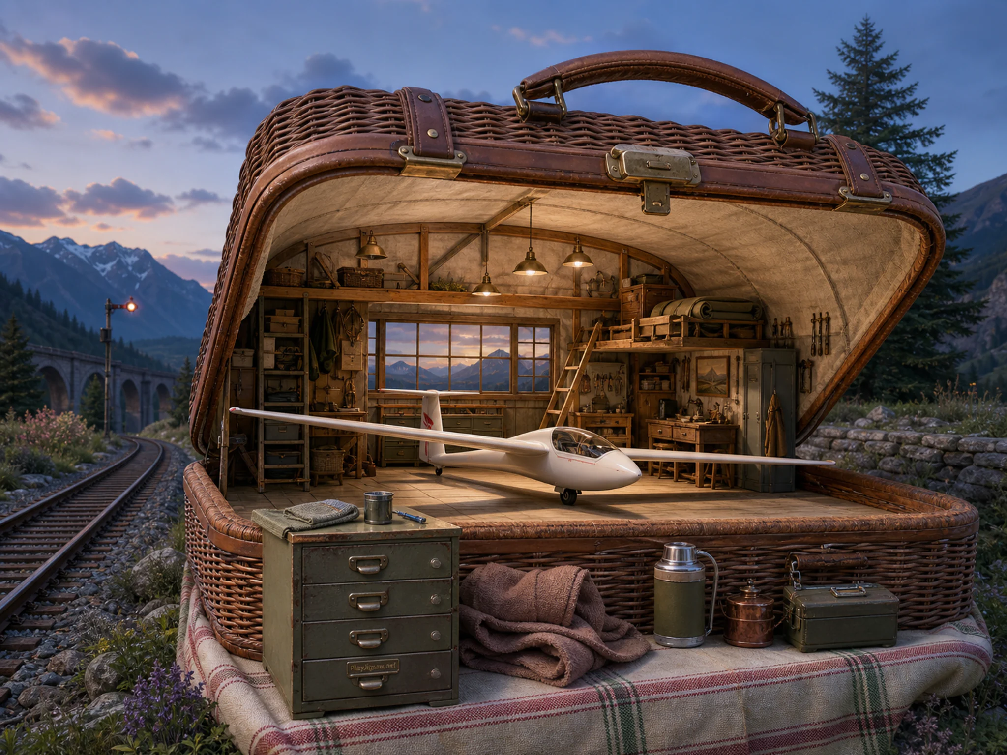 Sailplane Hangar staged inside canvas picnic basket in a scenic rail corridor, with layered scenery and cool blue-hour light.