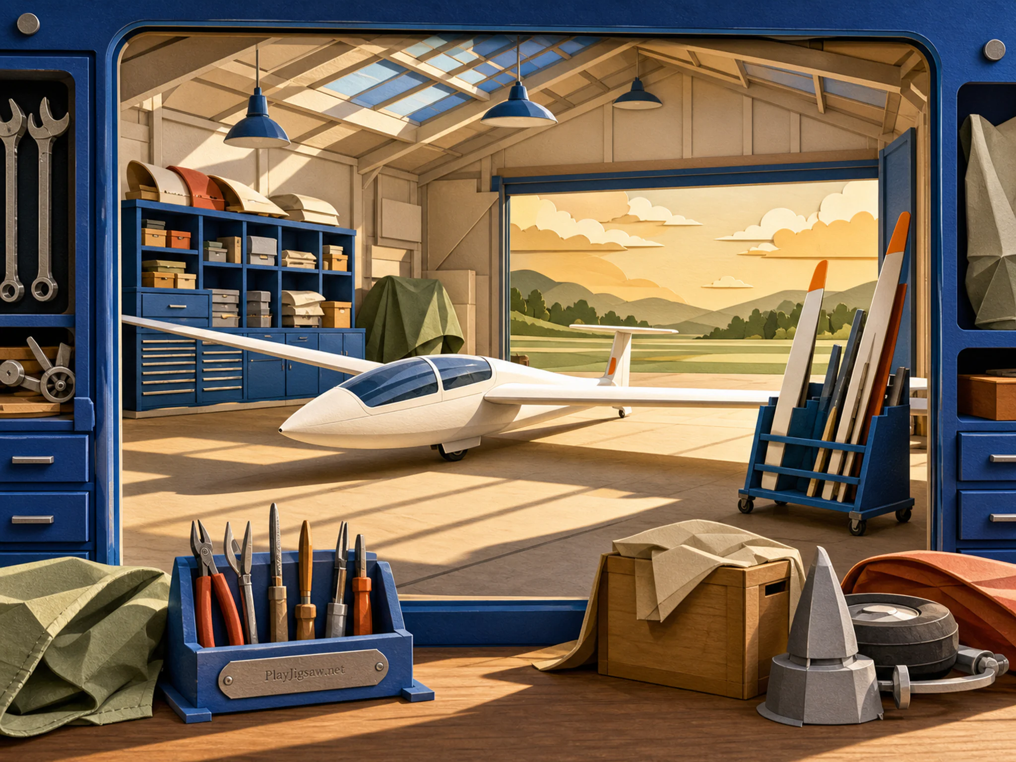 Sailplane Hangar prepared within enameled parts cabinet in a bright aviation hangar, with layered scenery and warm late-day sunlight.